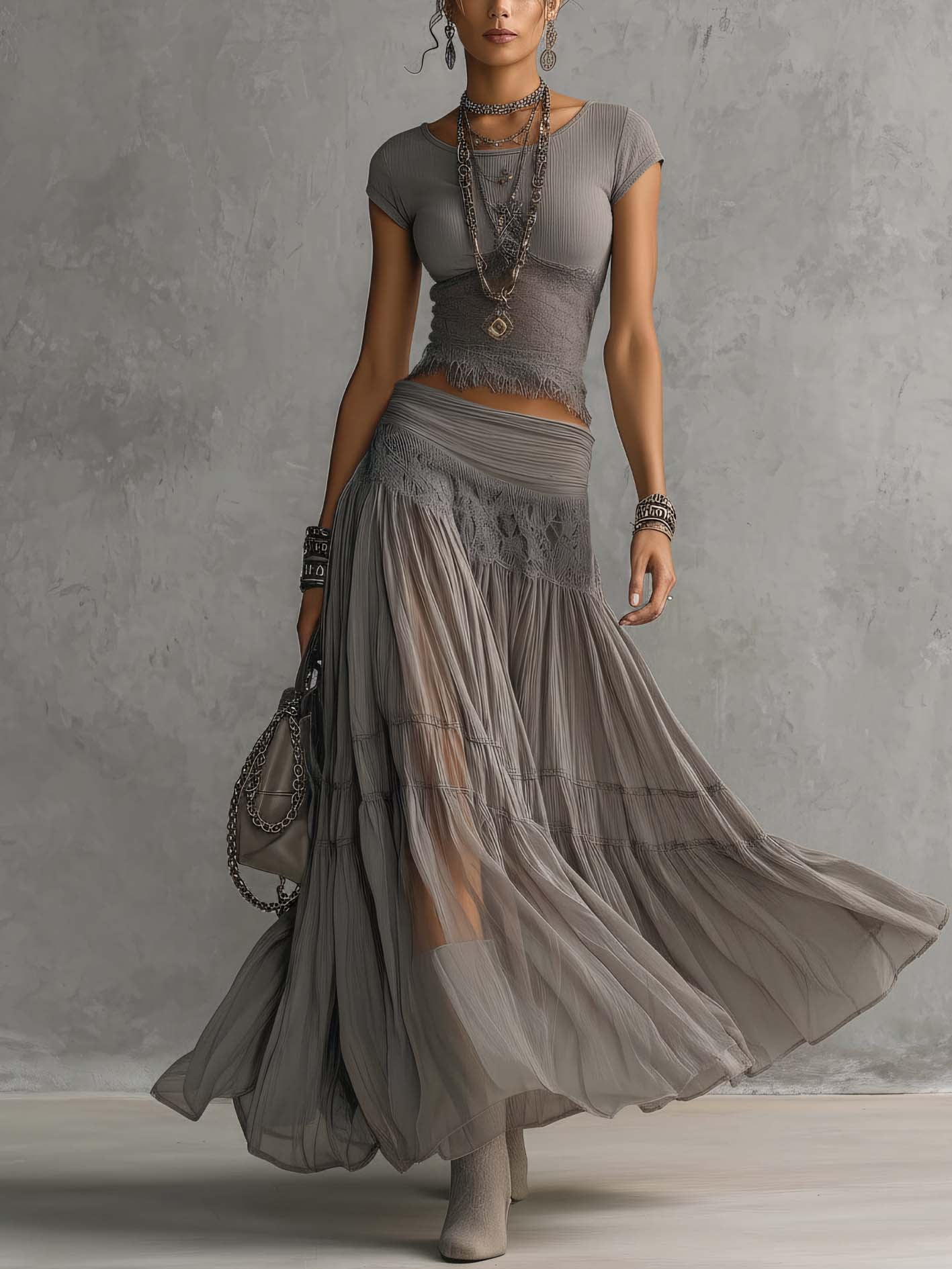 Ellie™ - Lace-Paneled Top And Pleated Maxi Skirt Set