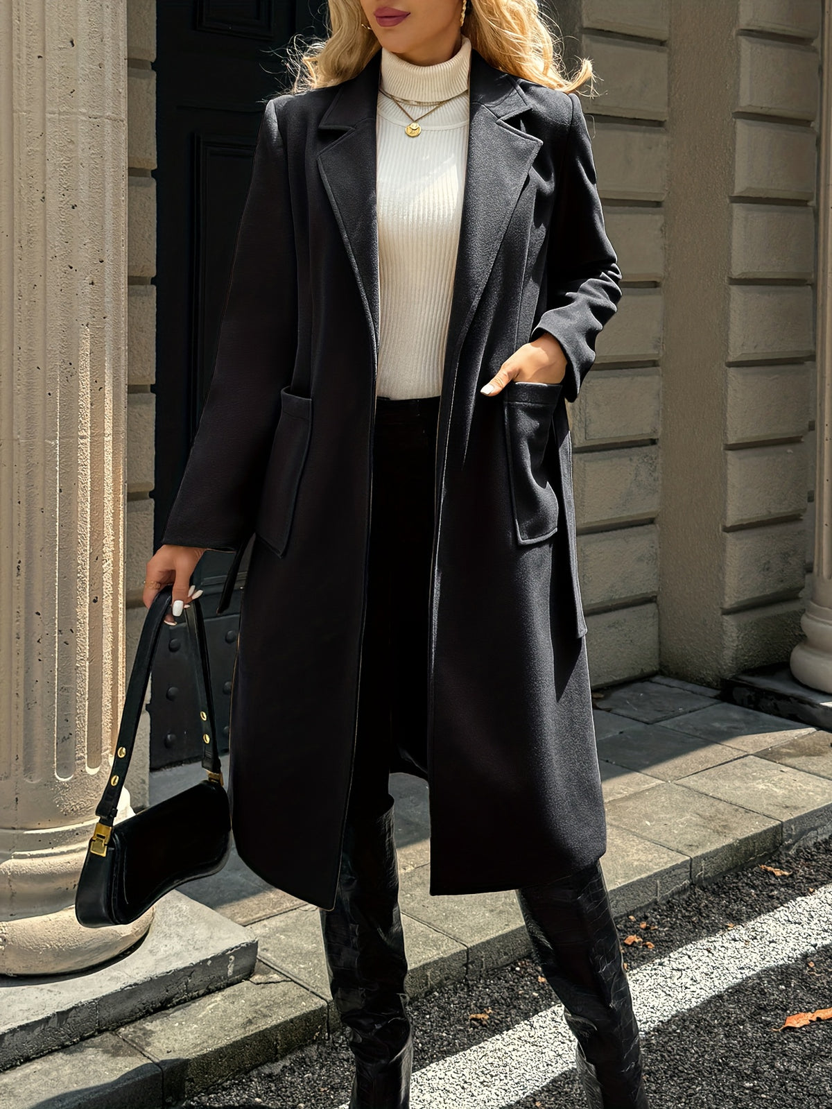 Camille – Belted Long Wrap Coat with Patch Pockets