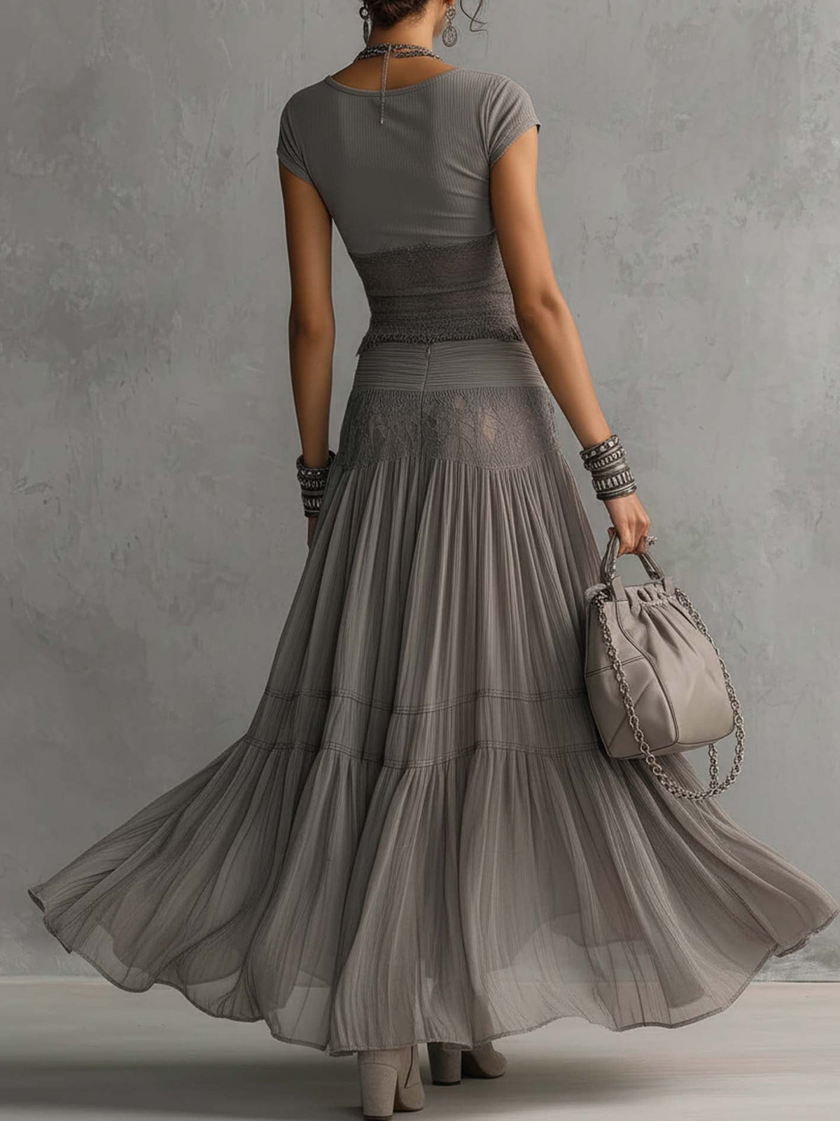 Ellie™ - Lace-Paneled Top And Pleated Maxi Skirt Set
