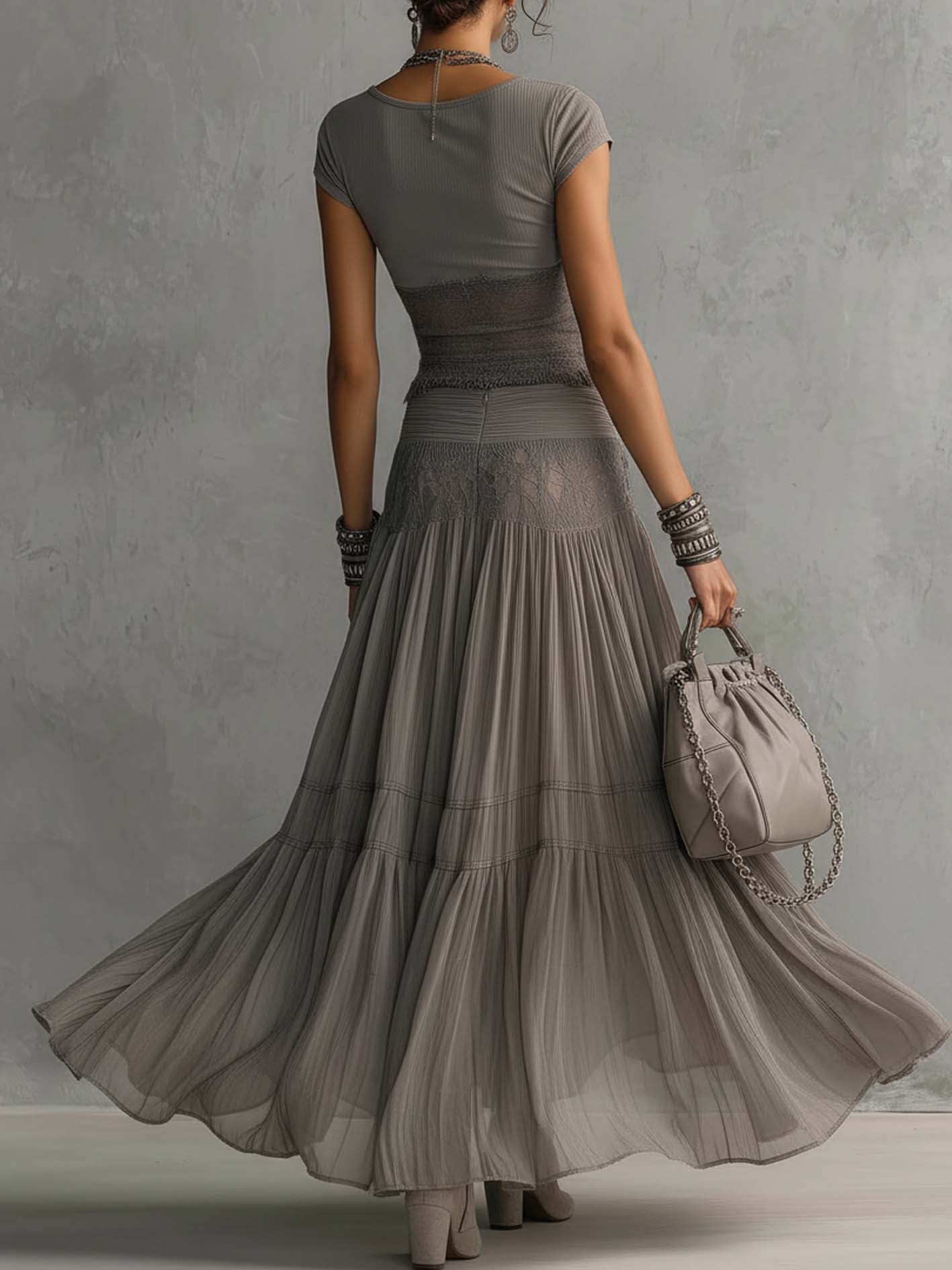 Ellie™ - Lace-Paneled Top And Pleated Maxi Skirt Set