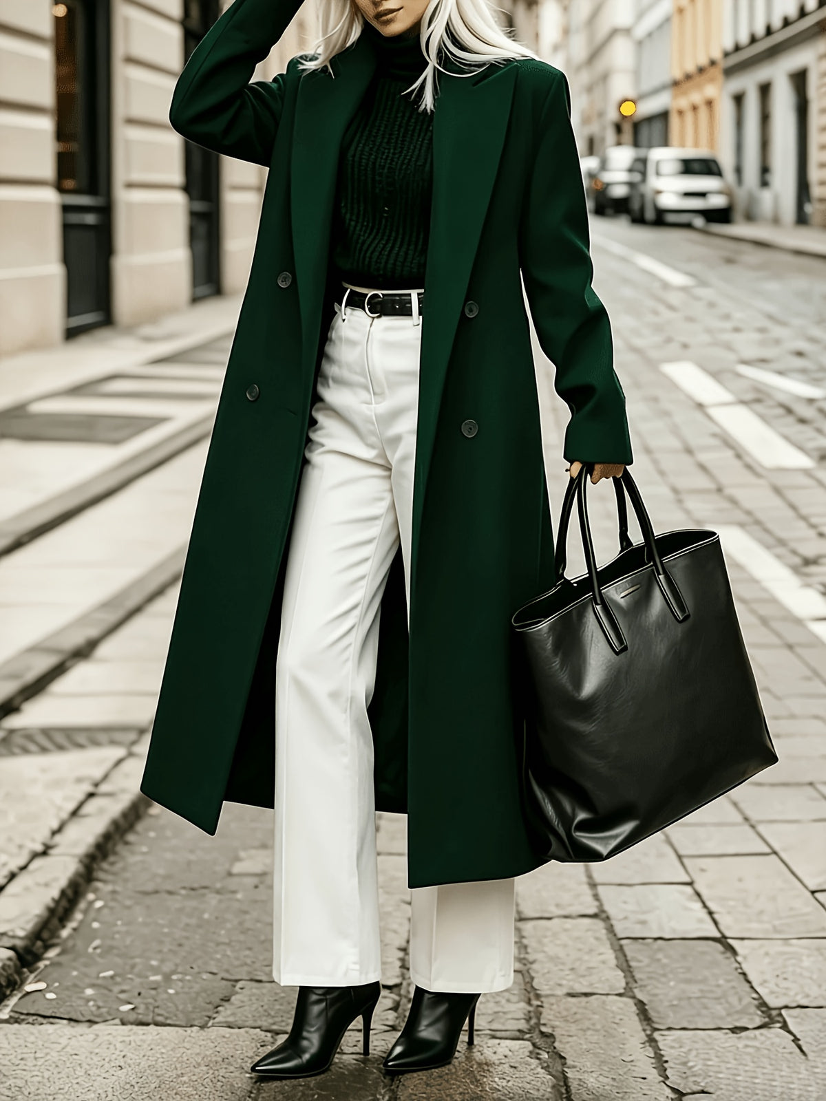 Geneviève – Long Tailored Double-Breasted Coat in Emerald Green