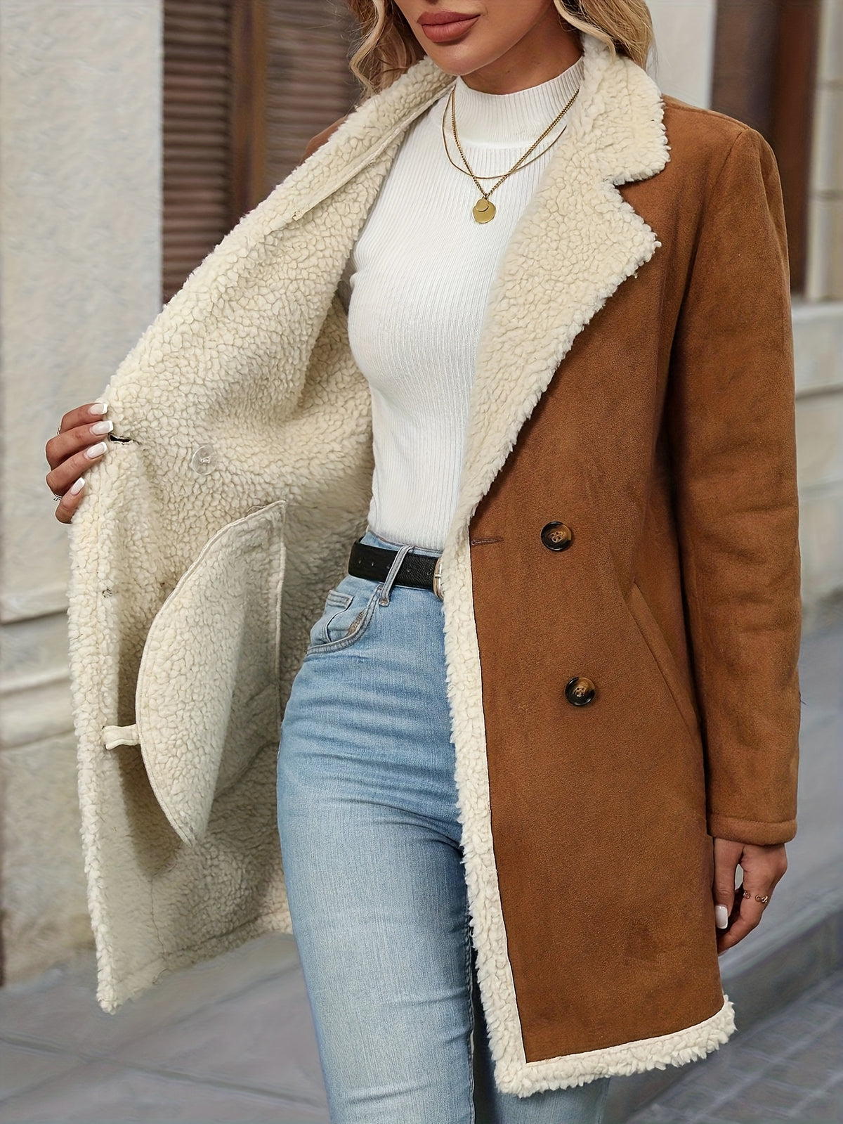 Sienna™ – Suede-Look Double-Breasted Shearling Jacket