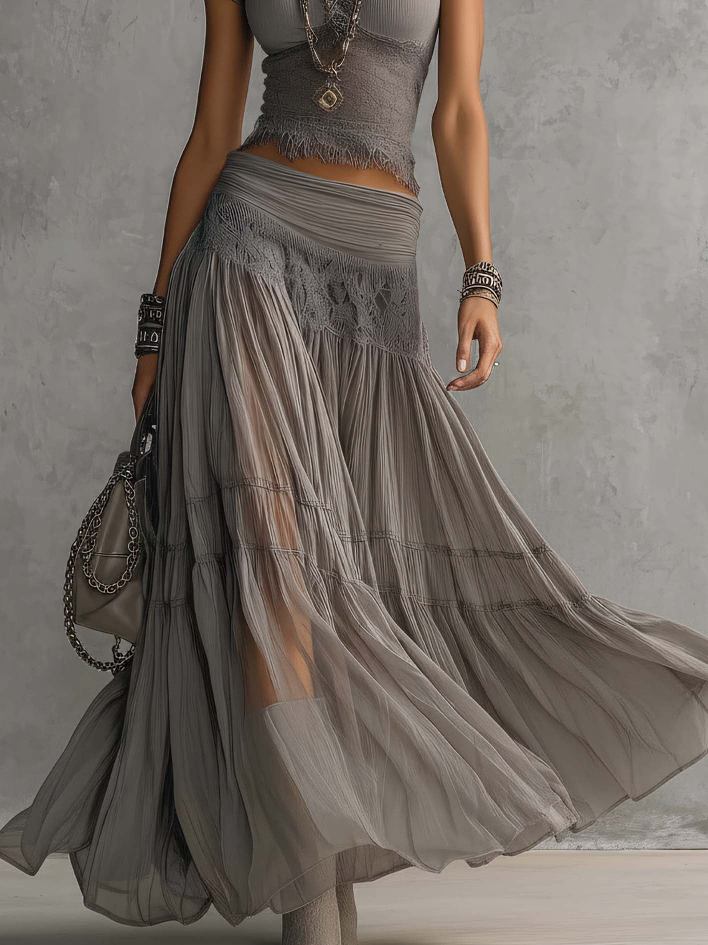 Ellie™ - Lace-Paneled Top And Pleated Maxi Skirt Set