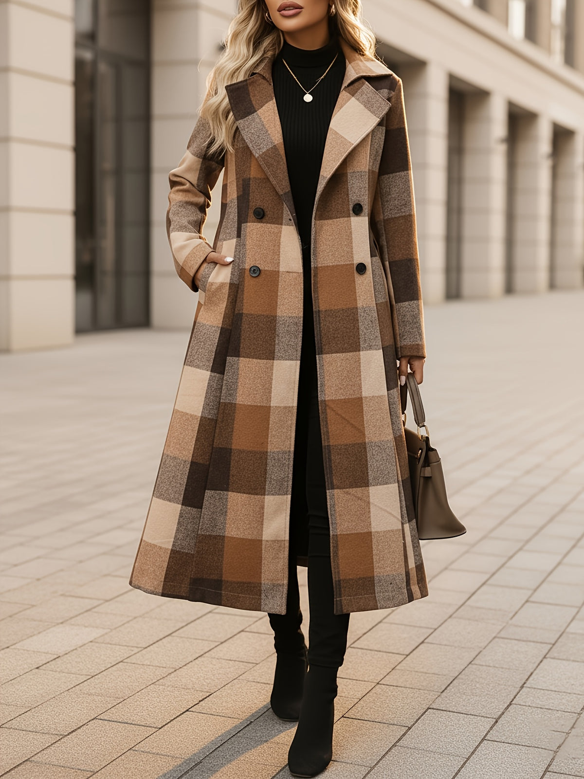 Adele – Belted Long Check Coat in Camel & Cocoa