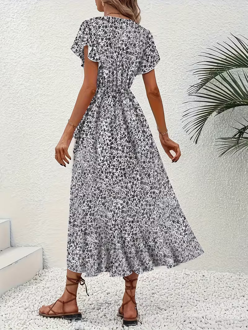 Skye | Floral Wrap Midi Dress with Ruffle Sleeves and Asymmetric Hem