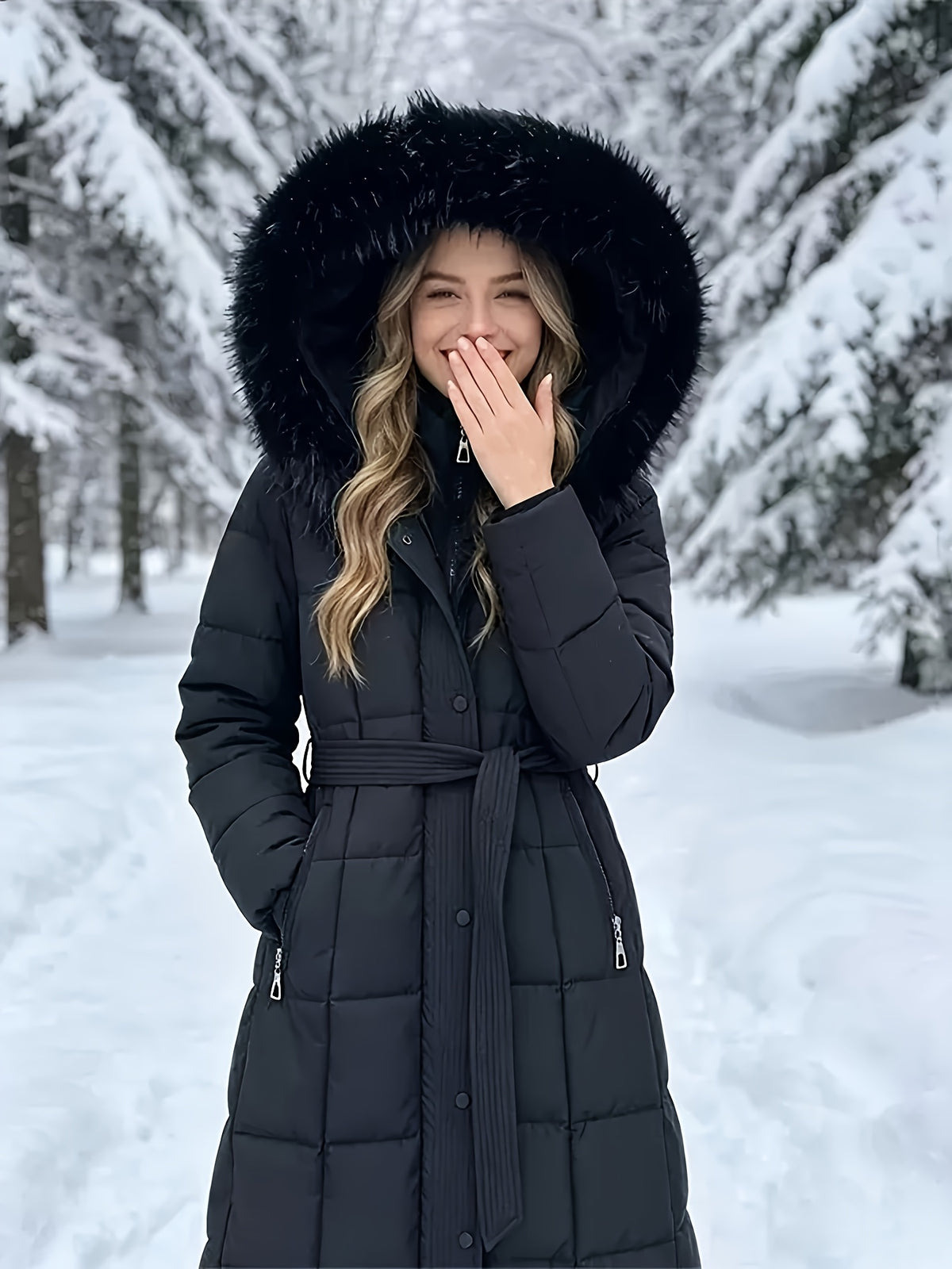 Isabelle – Long Quilted Puffer Coat with Faux-Fur Hood