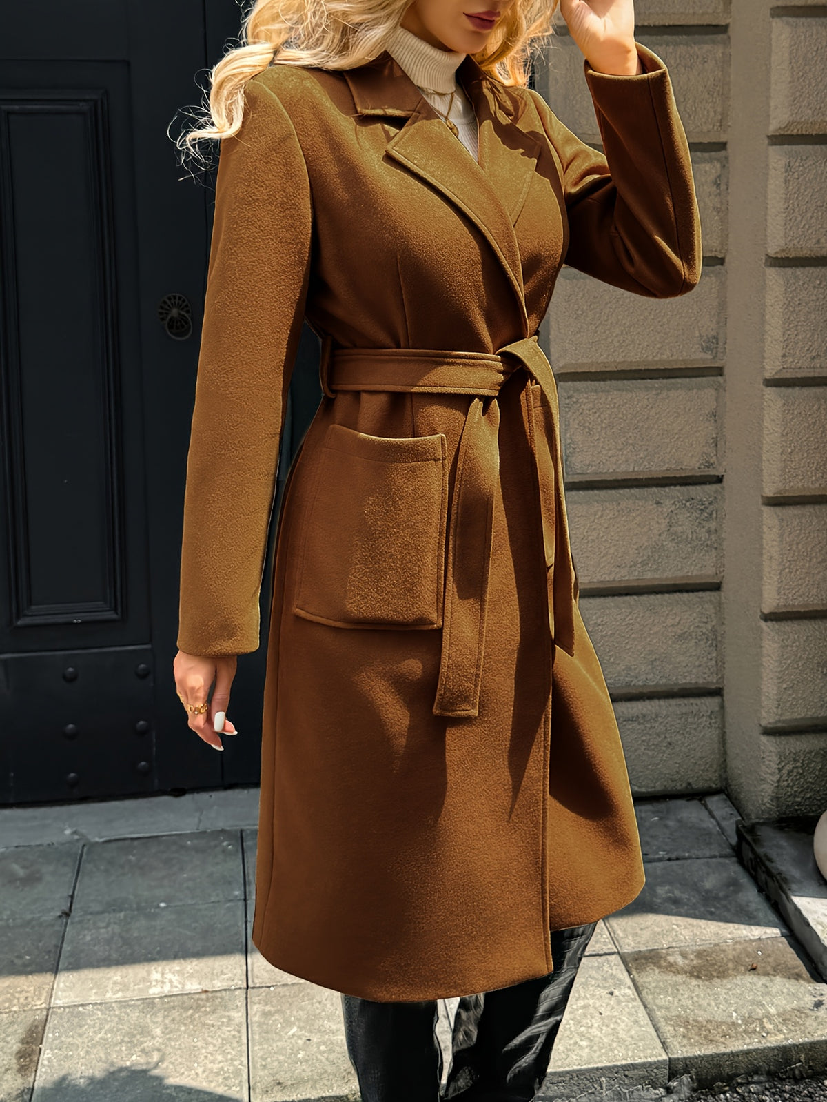Camille – Belted Long Wrap Coat with Patch Pockets