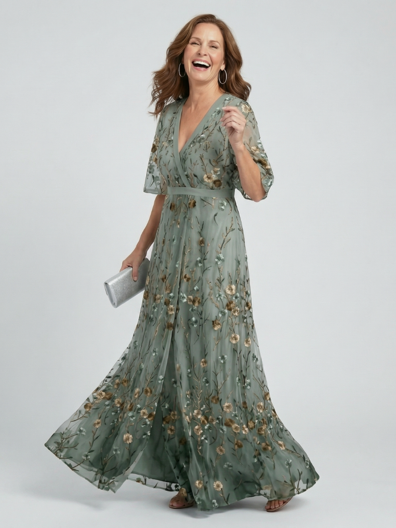 Sage | Floral Embroidered Maxi Dress with V-Neck and Flutter Sleeves