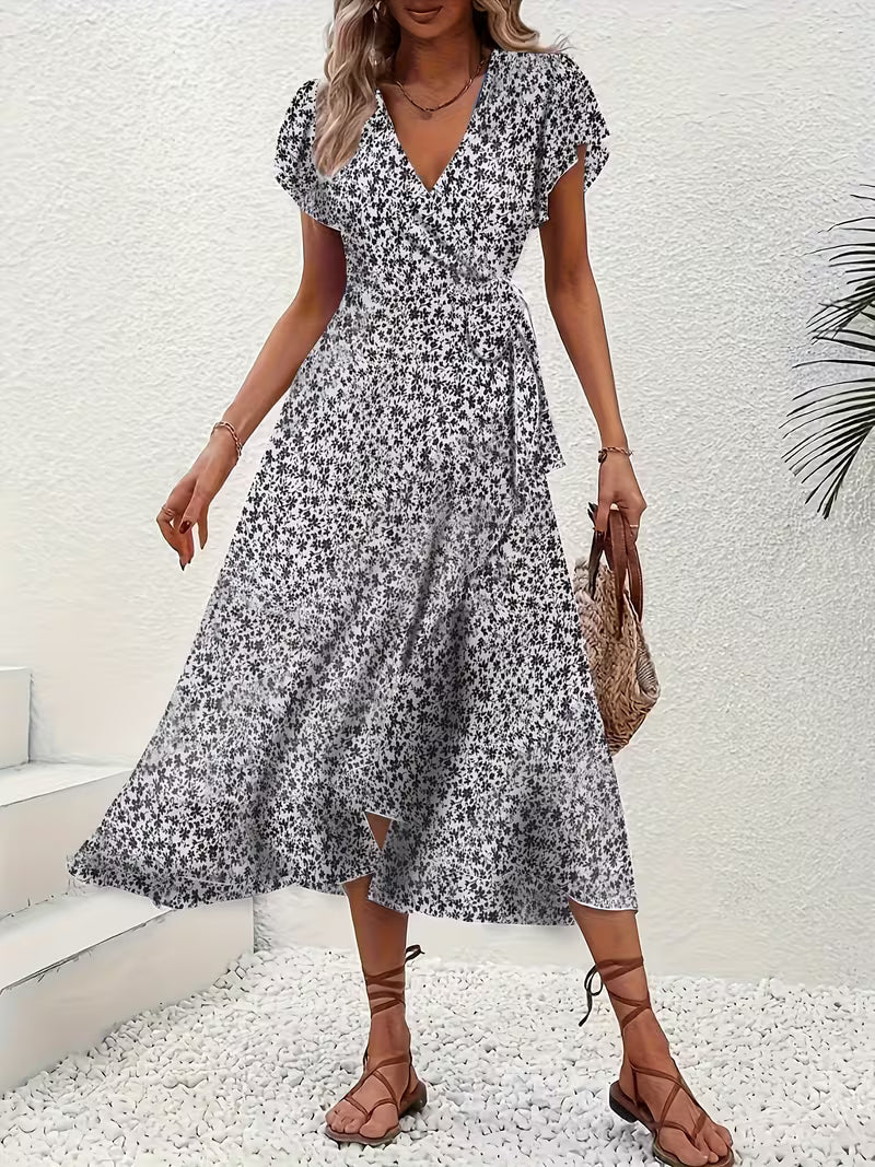 Skye | Floral Wrap Midi Dress with Ruffle Sleeves and Asymmetric Hem