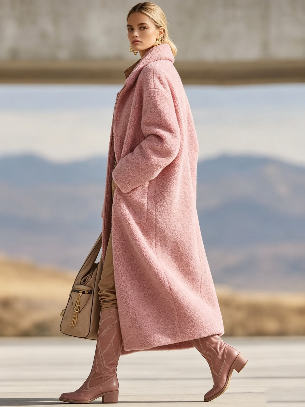 Céline – Long Teddy Coat with Zip in Dusty Pink