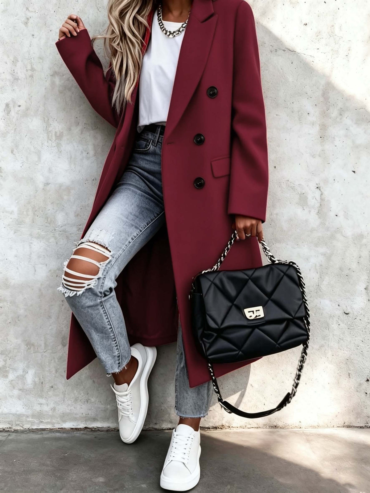 Rosalie – Long Double-Breasted Coat in Blush Pink