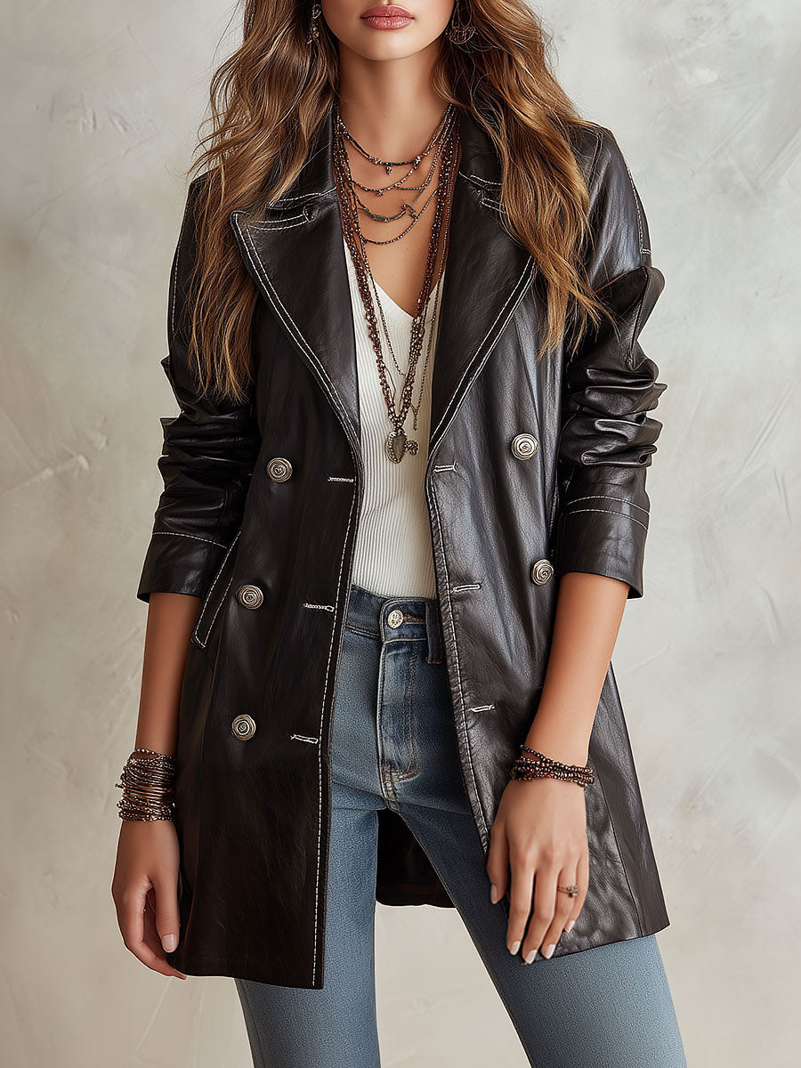 Delphine™ – Vintage-Style Eco-Leather Double-Breasted Trench Coat