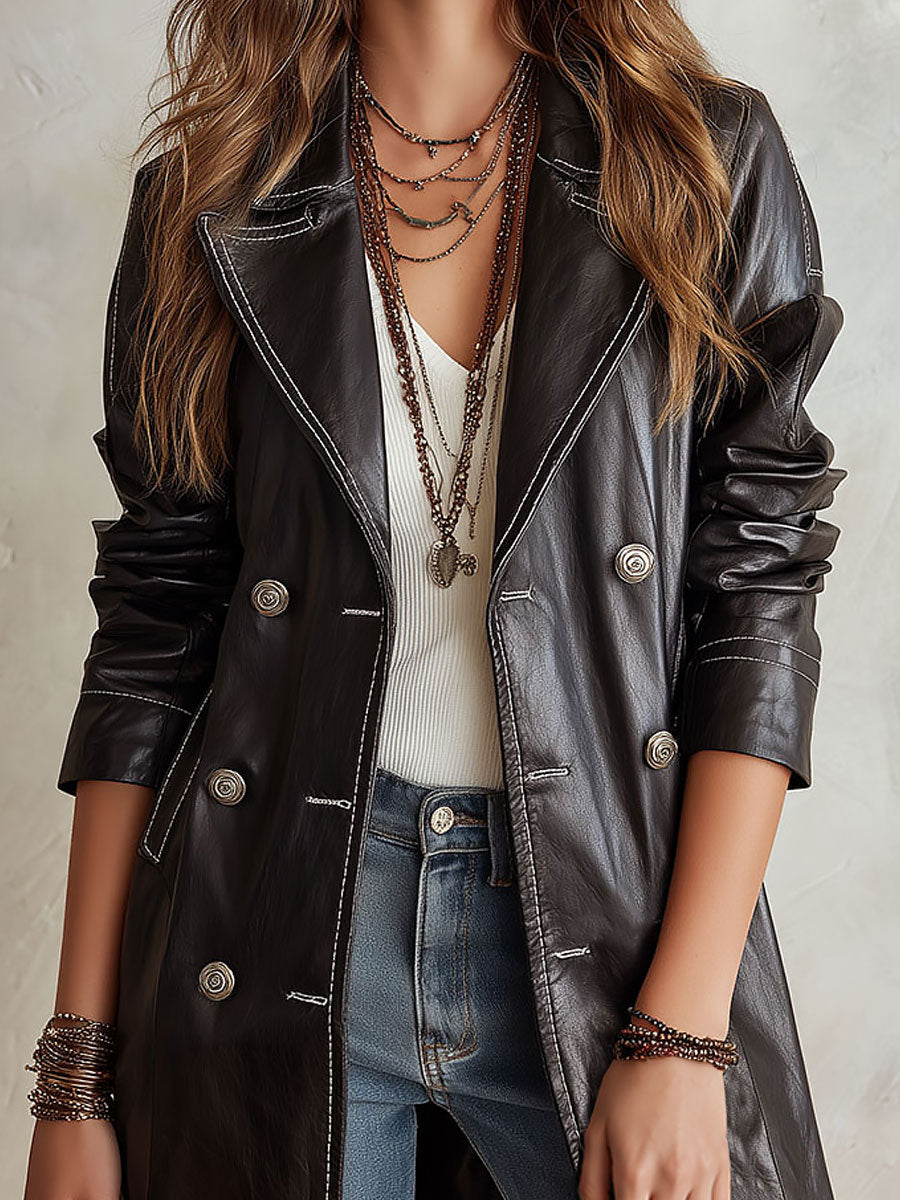 Delphine™ – Vintage-Style Eco-Leather Double-Breasted Trench Coat
