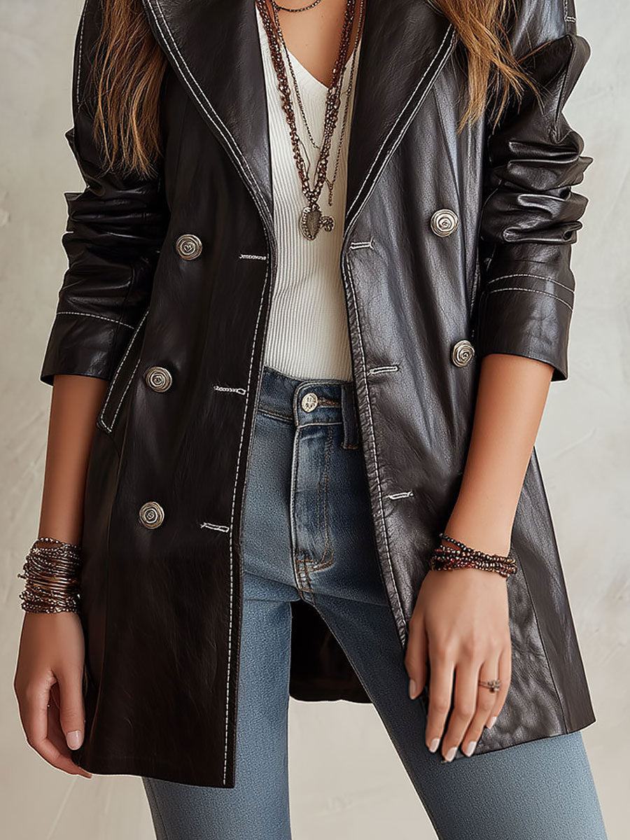 Delphine™ – Vintage-Style Eco-Leather Double-Breasted Trench Coat