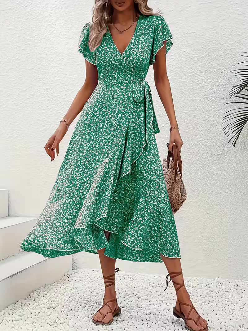 Skye | Floral Wrap Midi Dress with Ruffle Sleeves and Asymmetric Hem