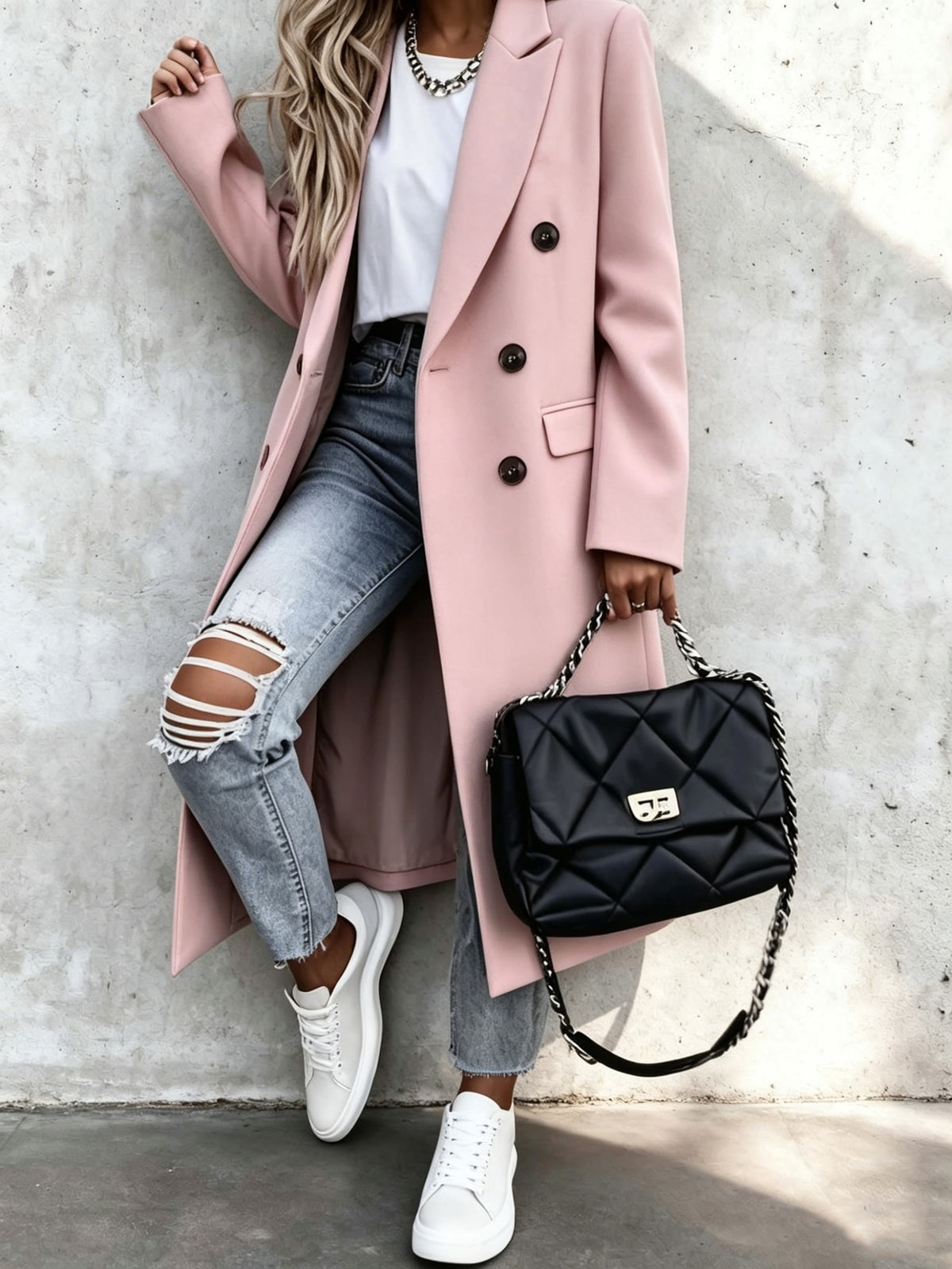 Rosalie – Long Double-Breasted Coat in Blush Pink