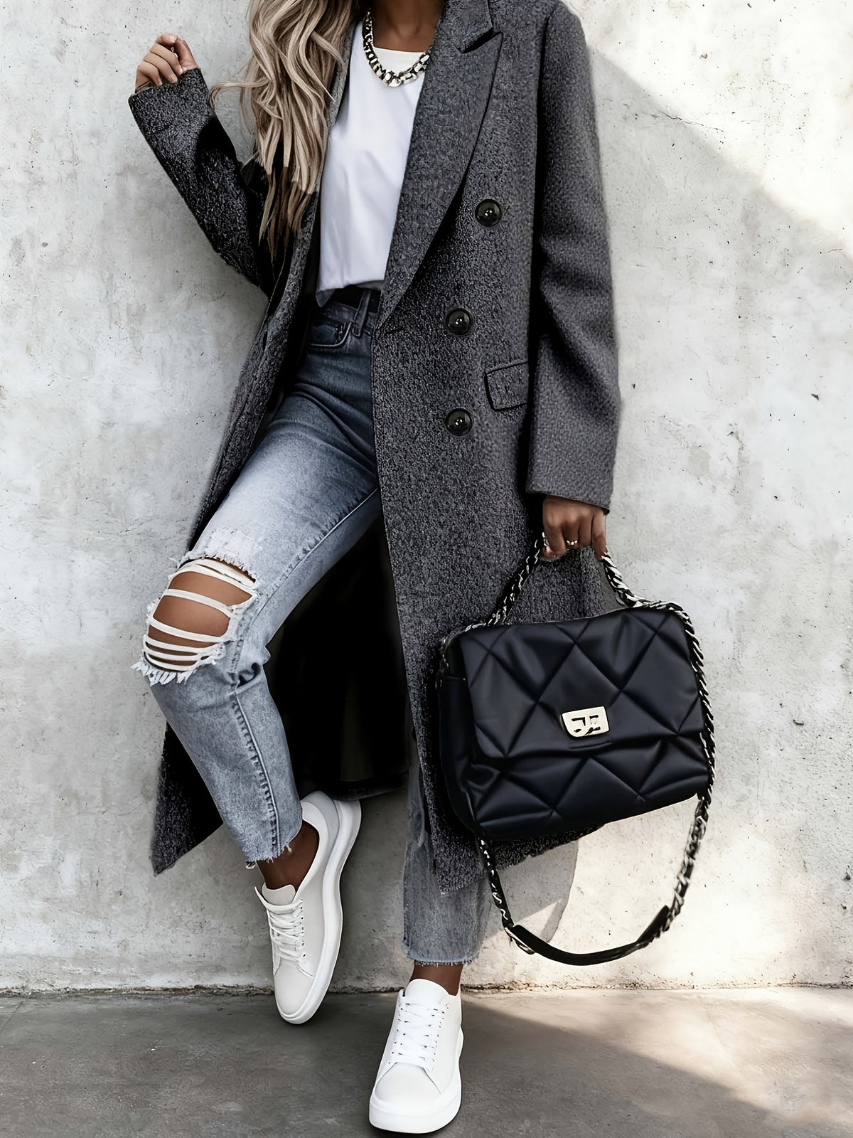 Rosalie – Long Double-Breasted Coat in Blush Pink