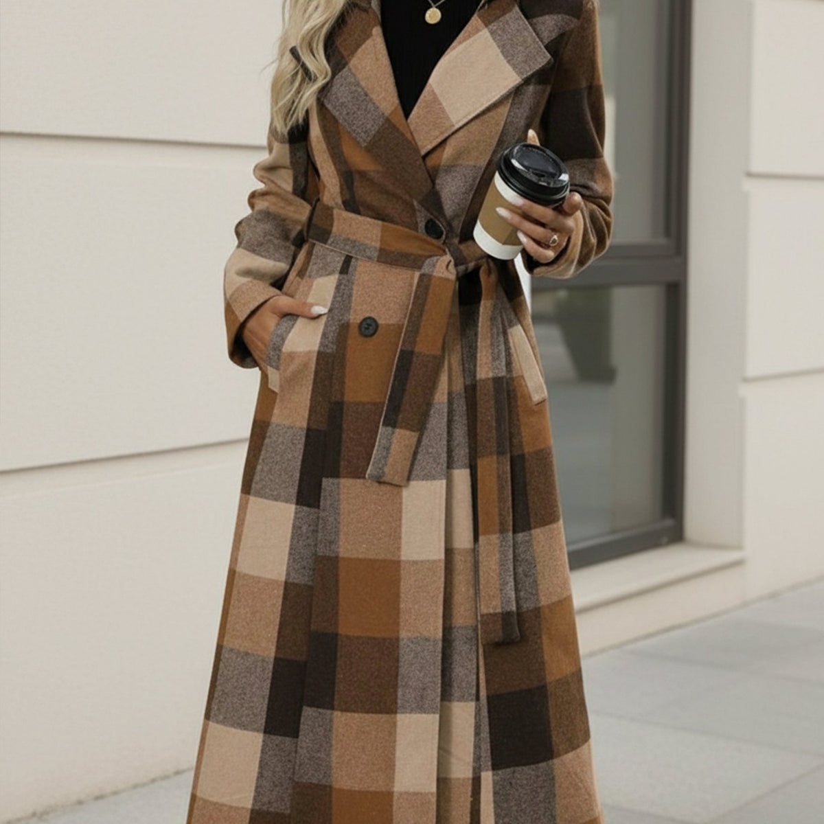 Adele – Belted Long Check Coat in Camel & Cocoa