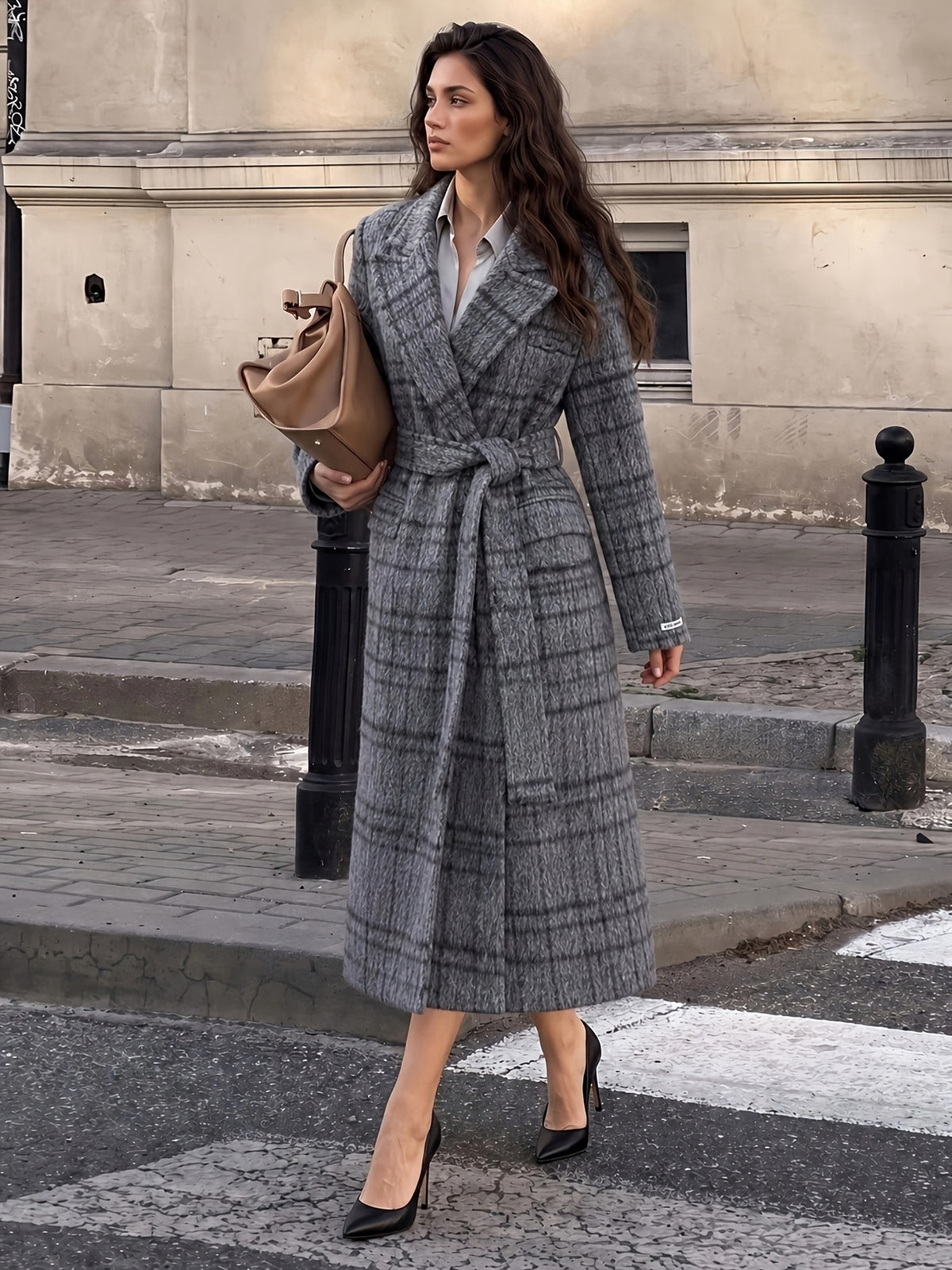 Delphine™ Belted Wrap Coat in Grey Check