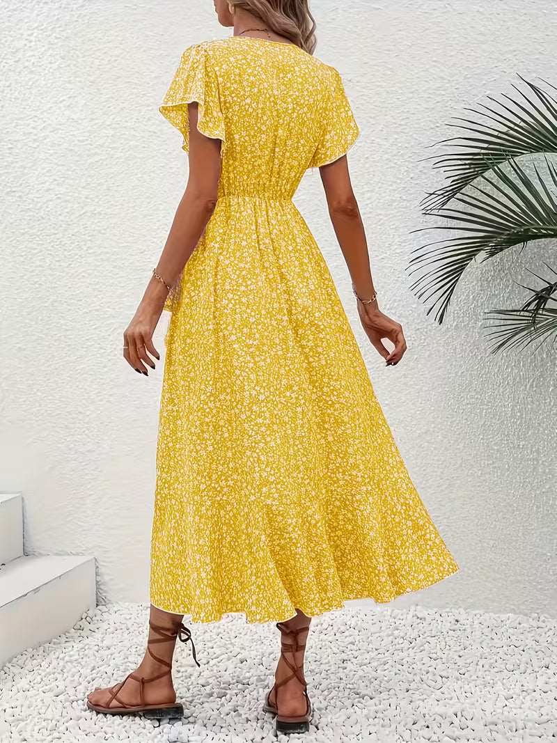 Skye | Floral Wrap Midi Dress with Ruffle Sleeves and Asymmetric Hem