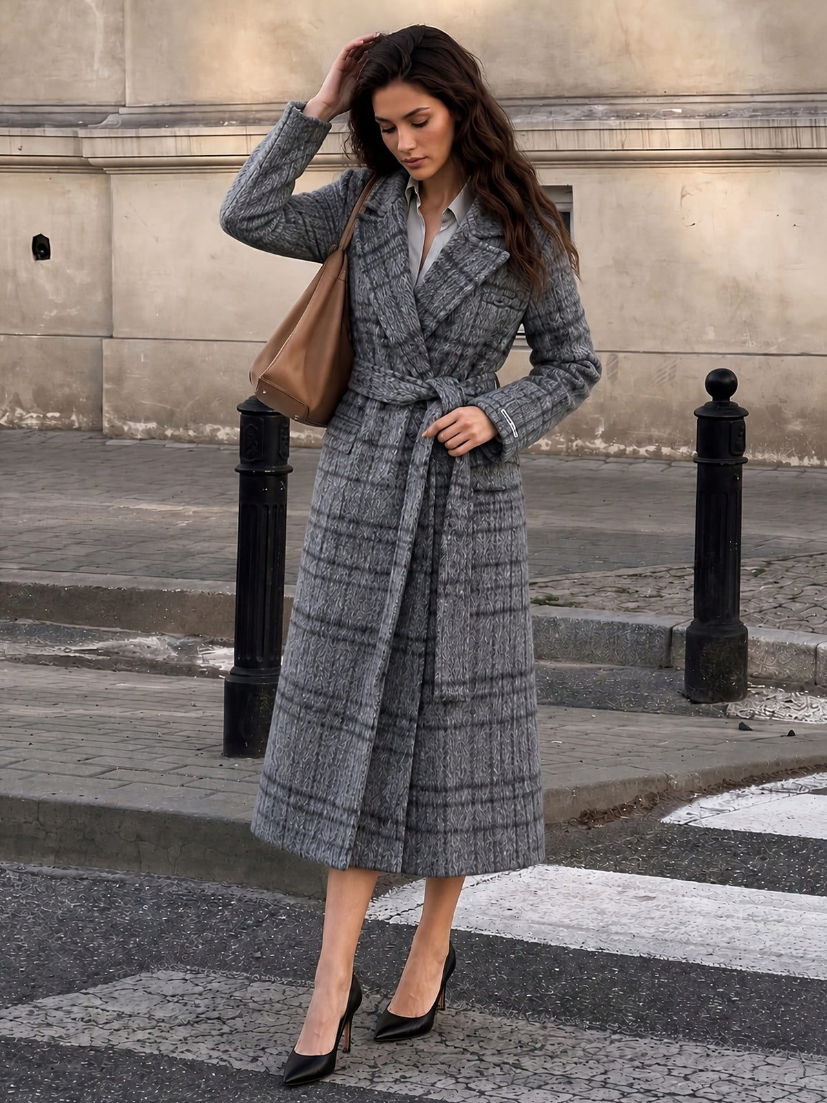 Delphine™ Belted Wrap Coat in Grey Check