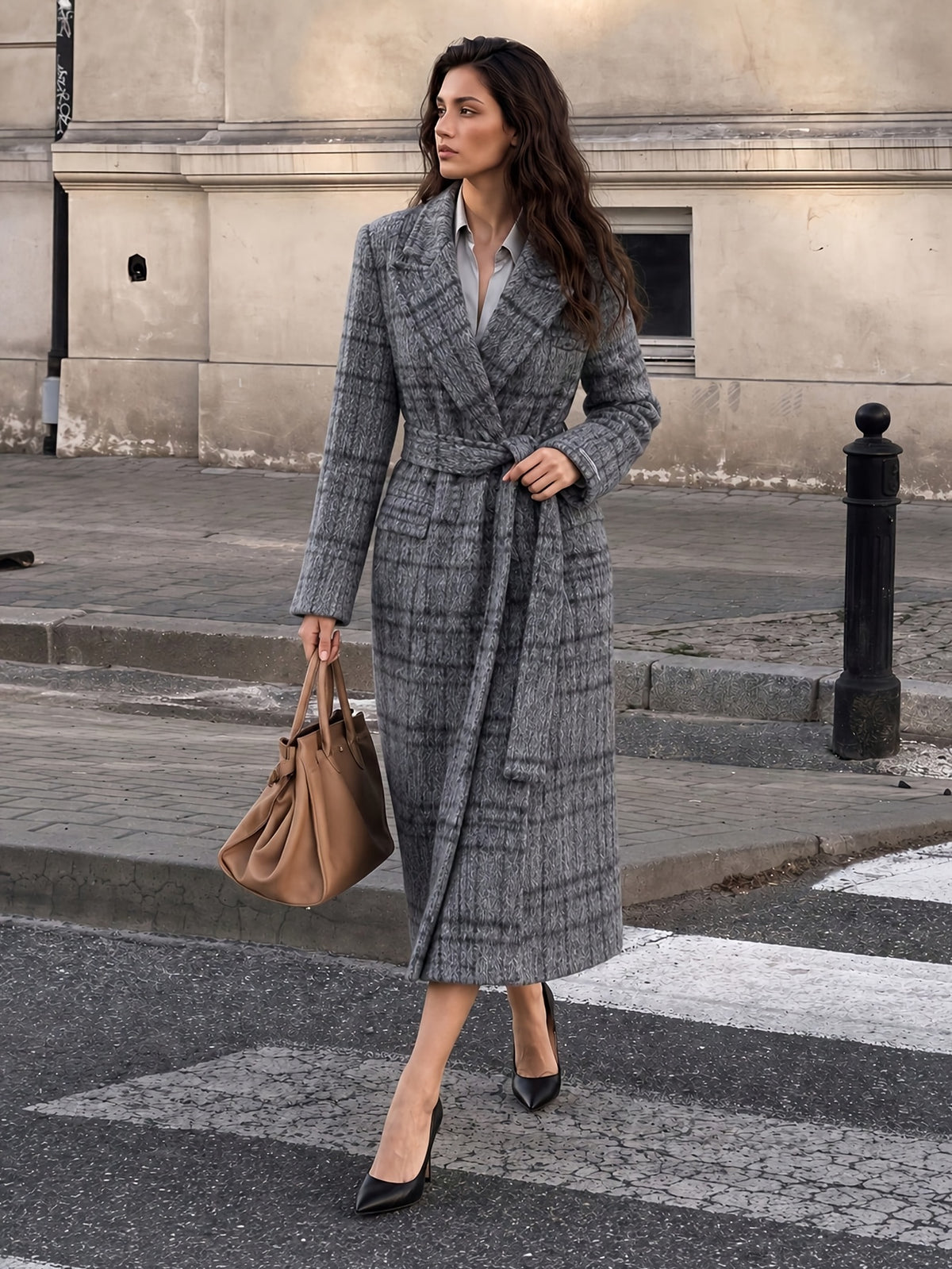 Delphine™ Belted Wrap Coat in Grey Check