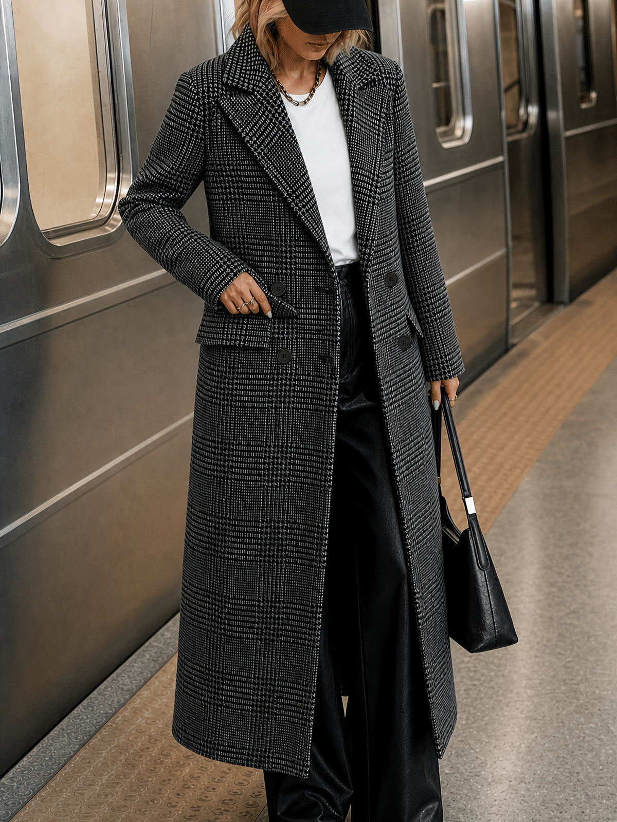 Margaux – Long Houndstooth Check Wool-Blend Coat