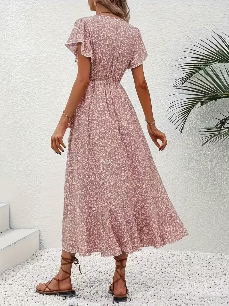 Skye | Floral Wrap Midi Dress with Ruffle Sleeves and Asymmetric Hem