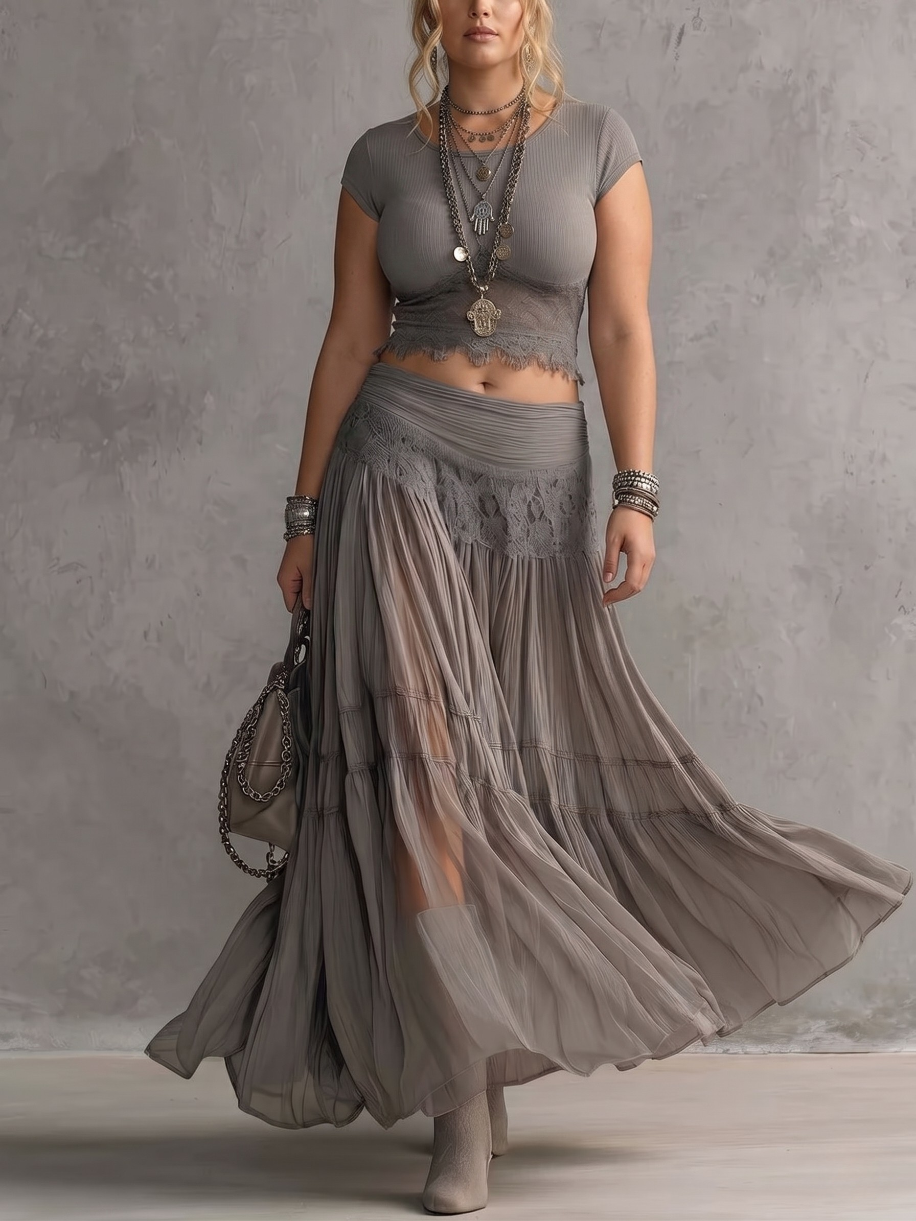 Ellie™ - Lace-Paneled Top And Pleated Maxi Skirt Set