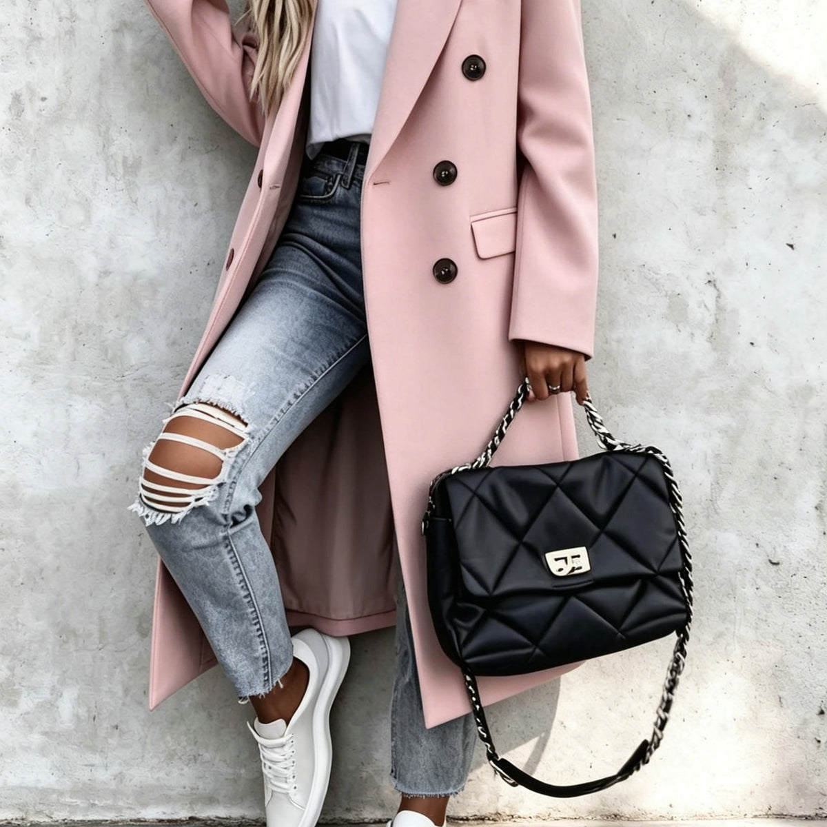 Rosalie – Long Double-Breasted Coat in Blush Pink
