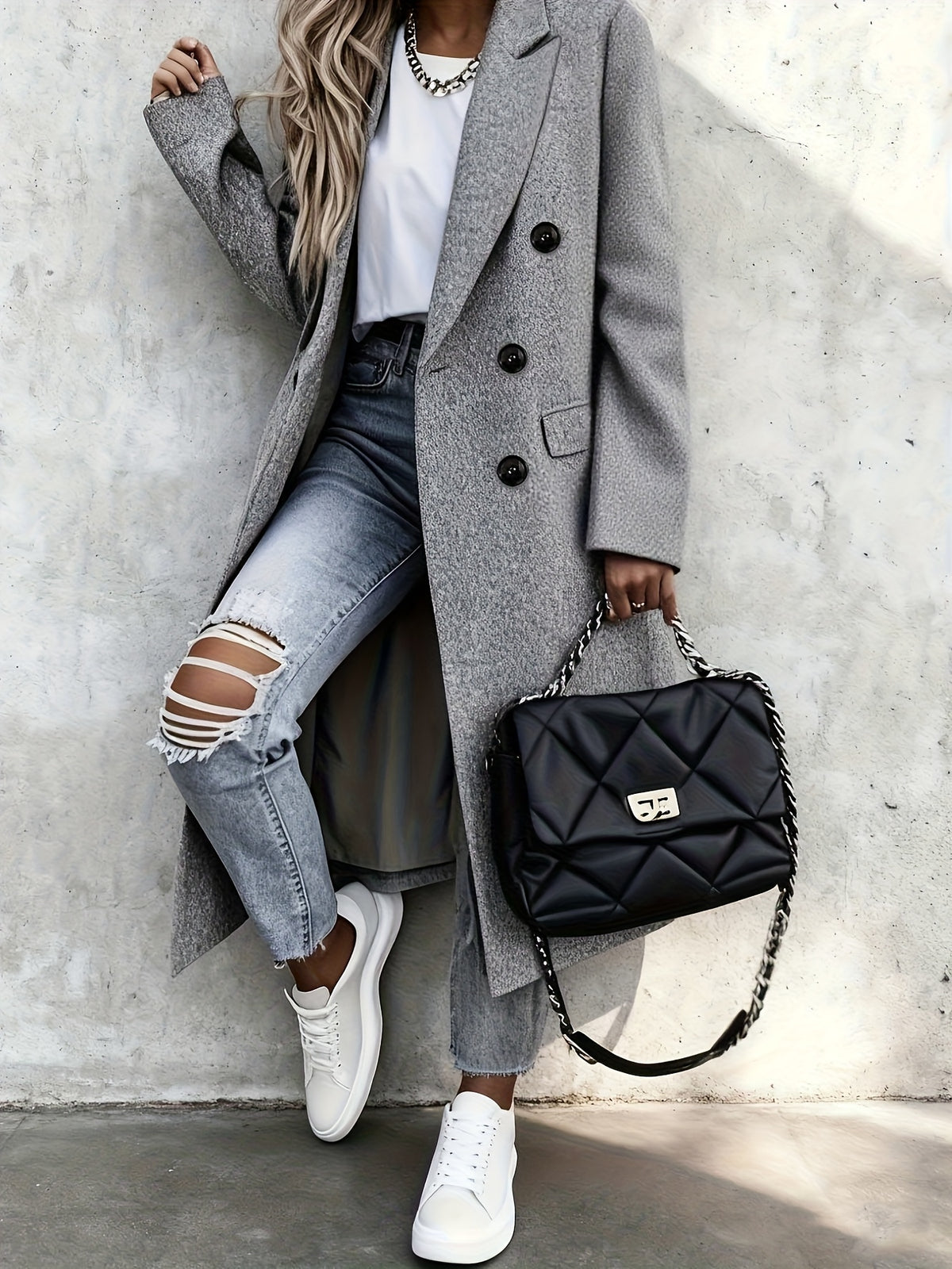 Rosalie – Long Double-Breasted Coat in Blush Pink