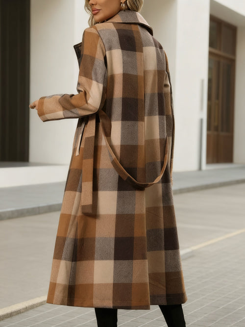 Adele – Belted Long Check Coat in Camel & Cocoa