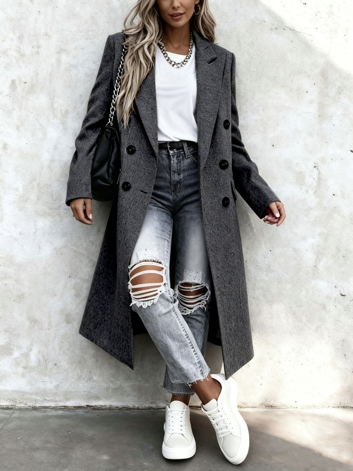 Rosalie – Long Double-Breasted Coat in Blush Pink