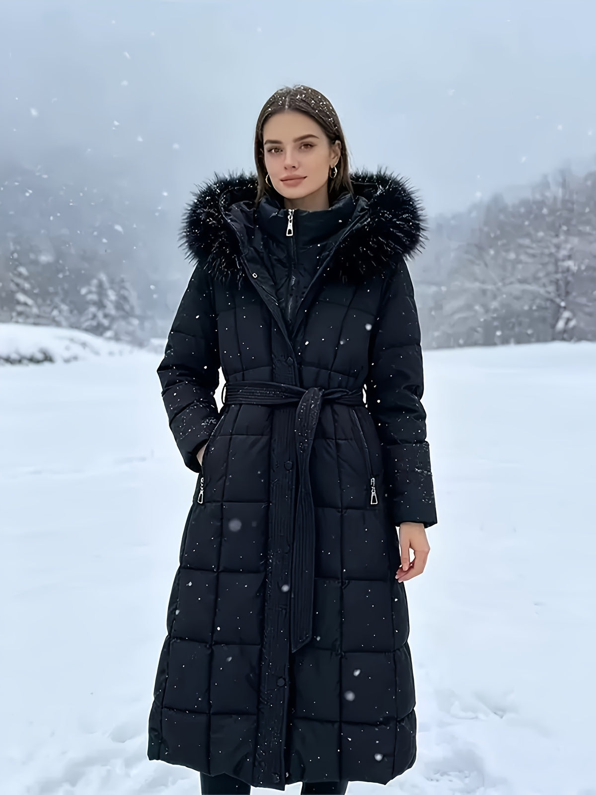 Isabelle – Long Quilted Puffer Coat with Faux-Fur Hood