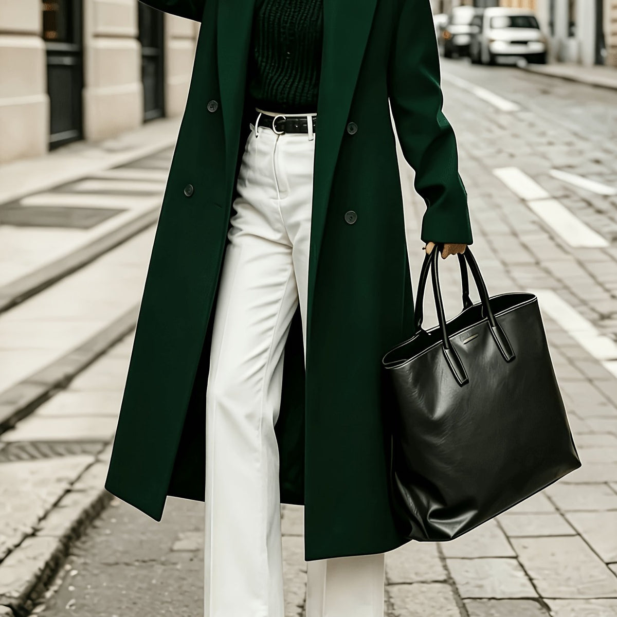 Geneviève – Long Tailored Double-Breasted Coat in Emerald Green