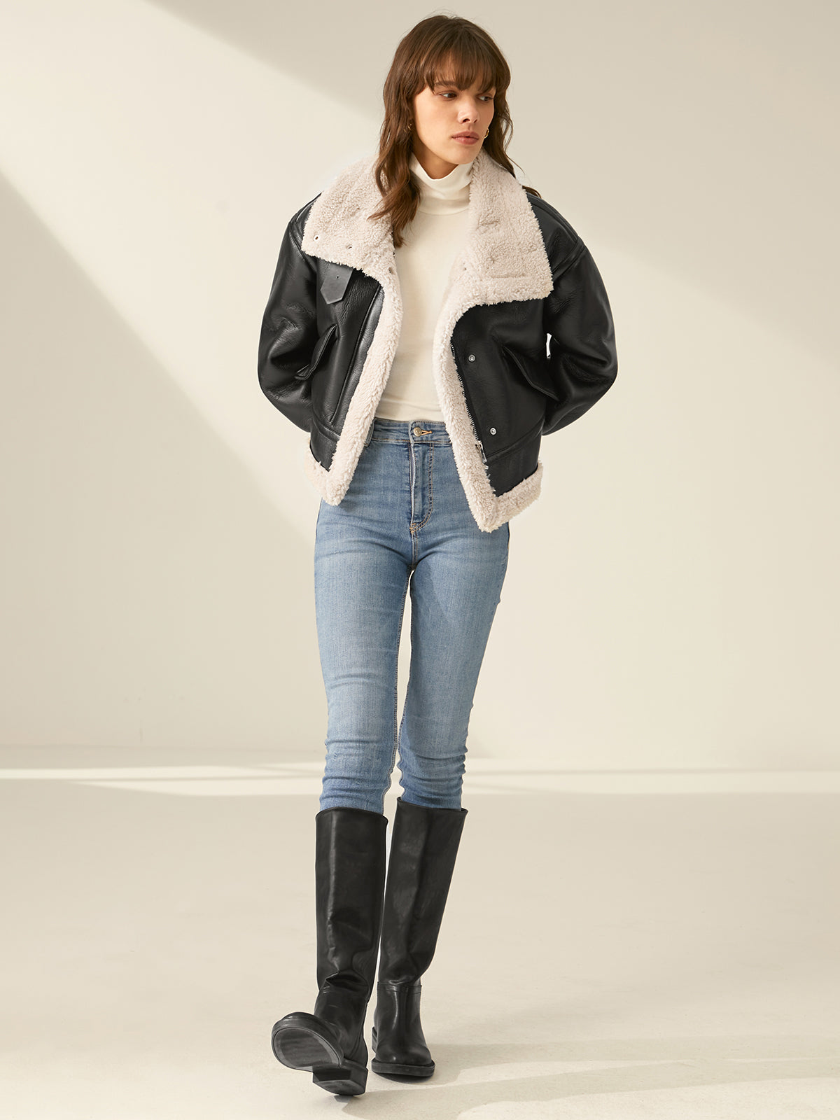 Women's Faux Leather Flight Jacket with Sherpa Lining
