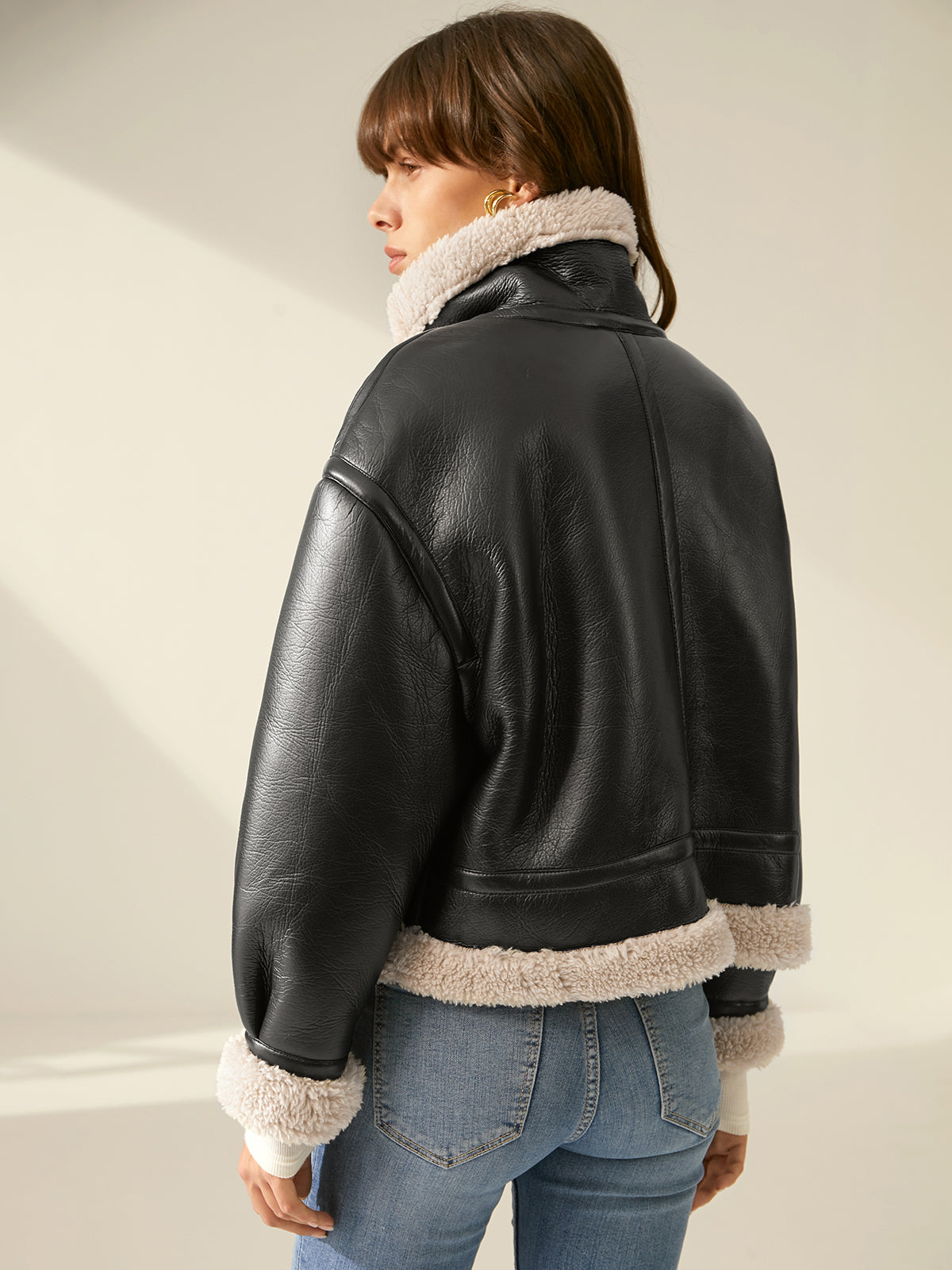 Women's Faux Leather Flight Jacket with Sherpa Lining