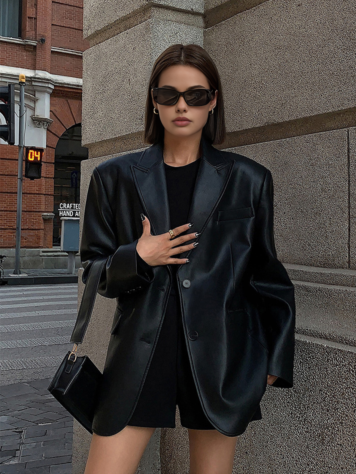 Women's Oversized Faux Leather Blazer with Lapel