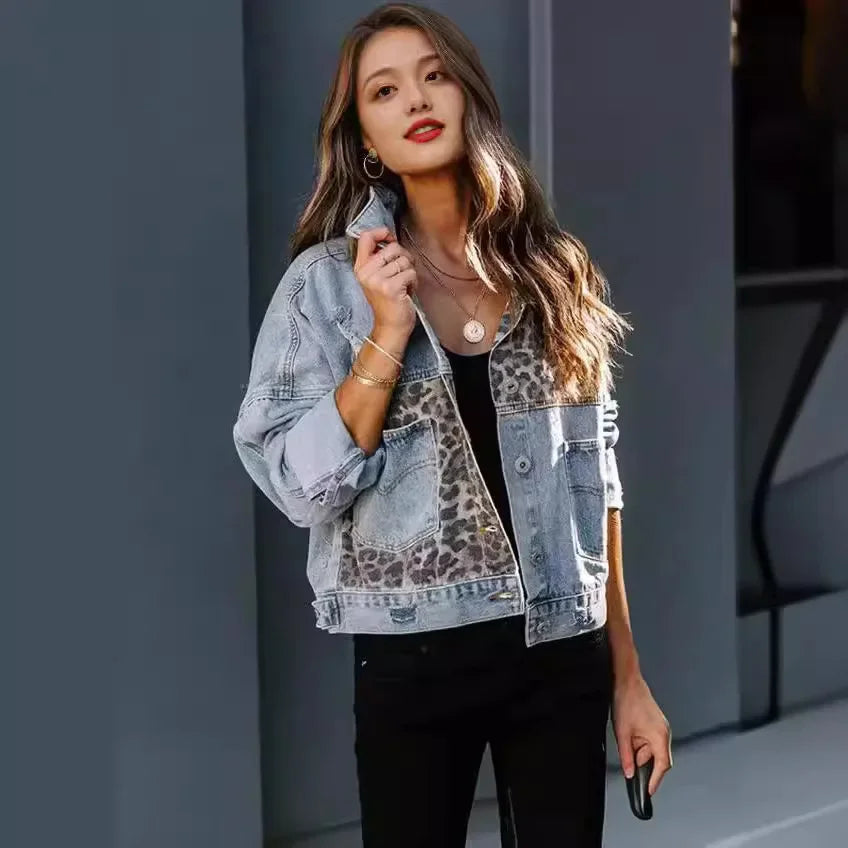 Women’s Leopard Panel Denim Jacket with Distressed Details and Modern Fit