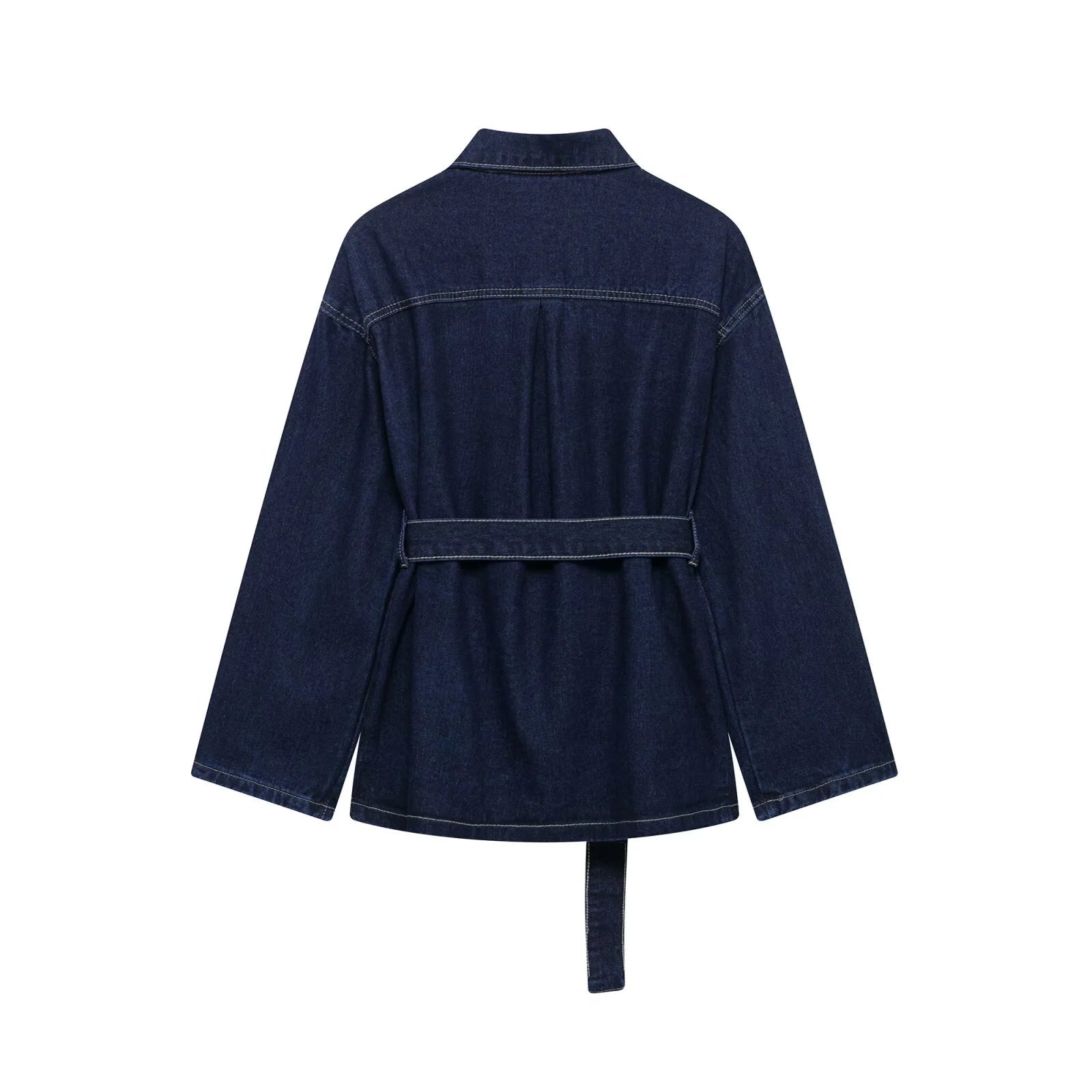 Women’s Belted Denim Utility Jacket with Structured Collar and Relaxed Fit