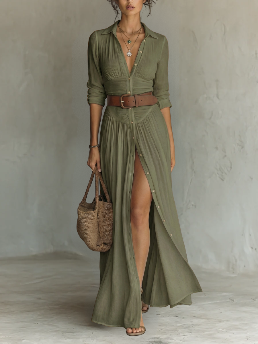 Dolores™ - Elegant Summer Maxi Linen Shirt Dress