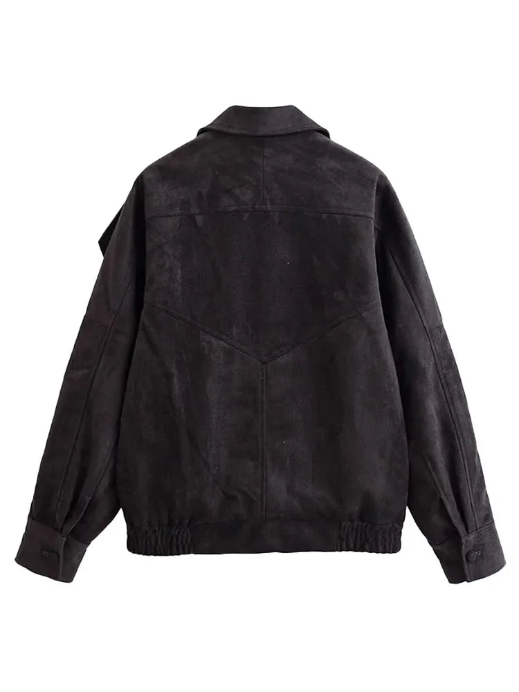 Women’s Oversized Faux Suede Jacket with Asymmetrical Collar and Modern Utility Silhouette