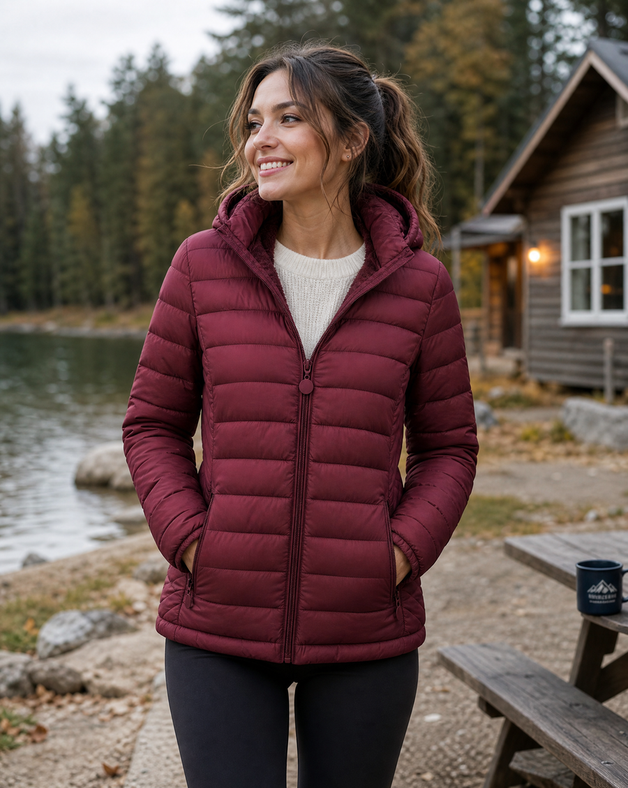 Lightweight Quilted Hooded Puffer Jacket with Fleece Lining