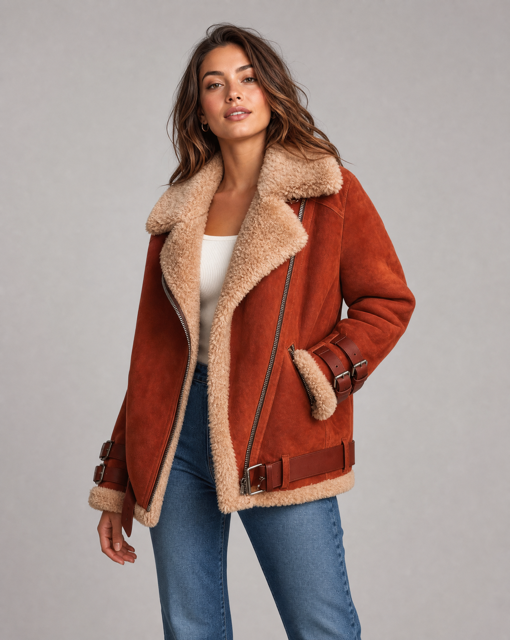 Women's Premium Faux Sheepskin Jacket With Belt And Pockets