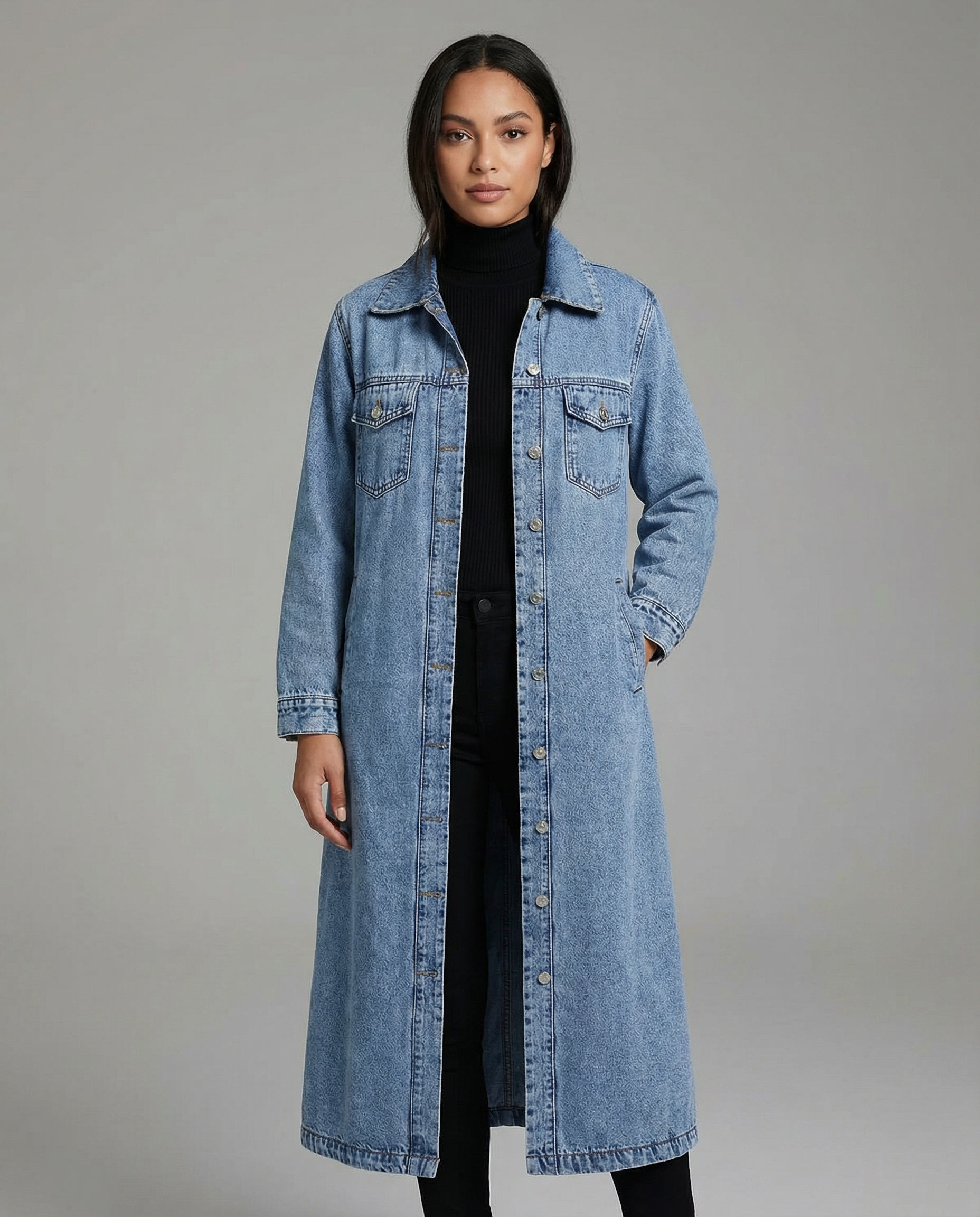 Women’s Oversized Long Denim Coat with Button-Down Front and Classic Collar