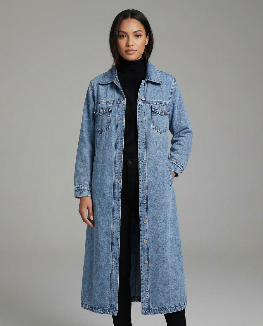 Women’s Oversized Long Denim Coat with Button-Down Front and Classic Collar