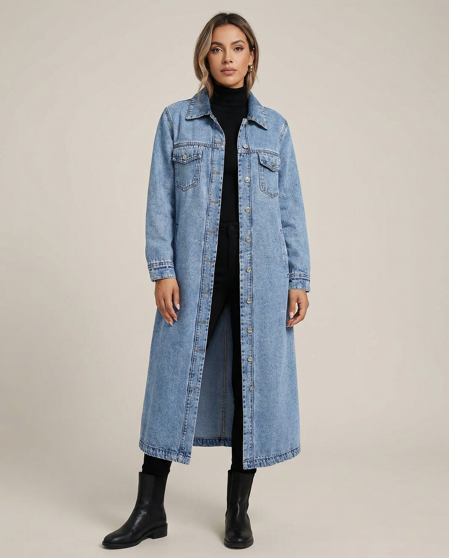 Women’s Oversized Long Denim Coat with Button-Down Front and Classic Collar