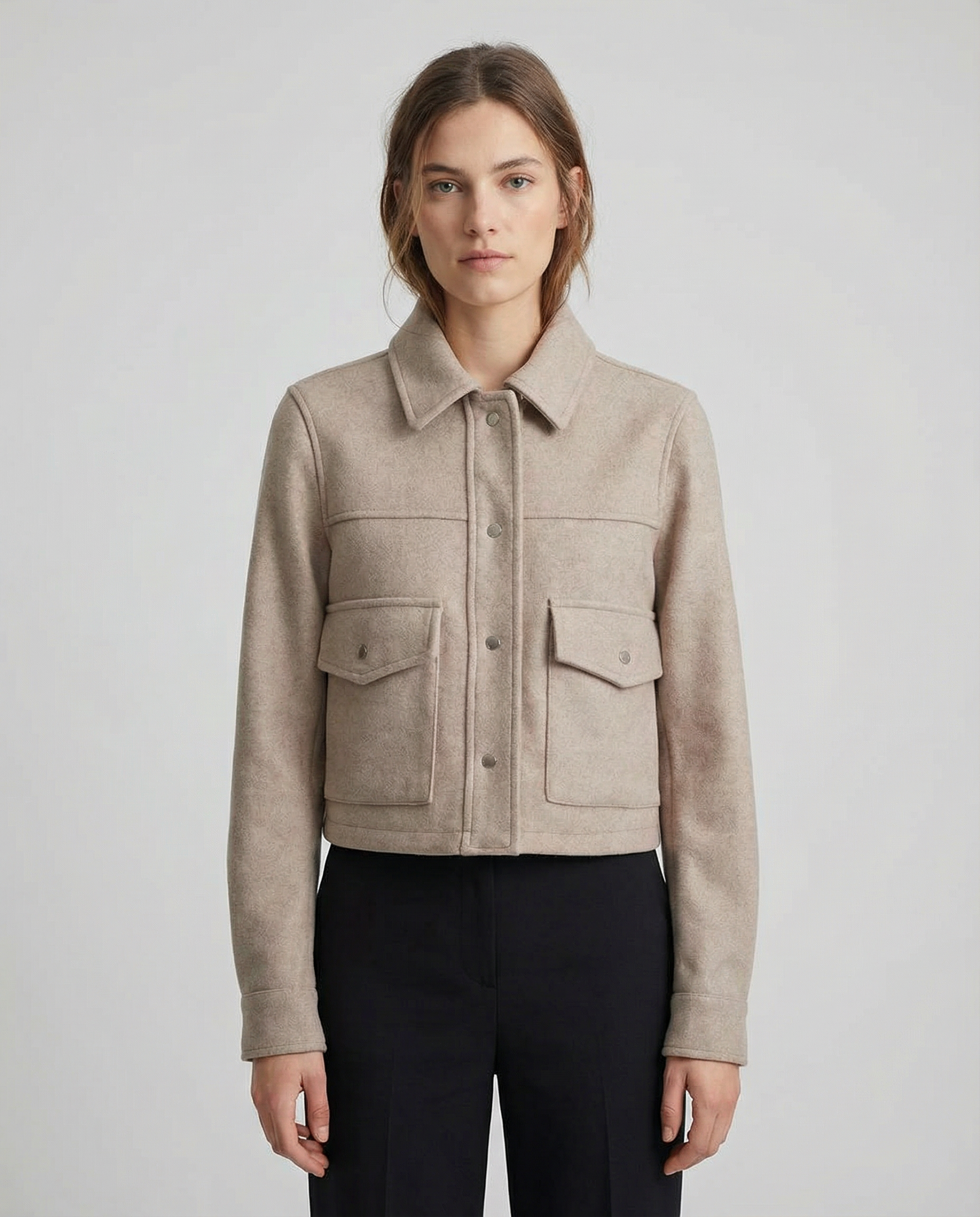 Women’s Cropped Wool-Blend Jacket with Button Front and Structured Utility Design