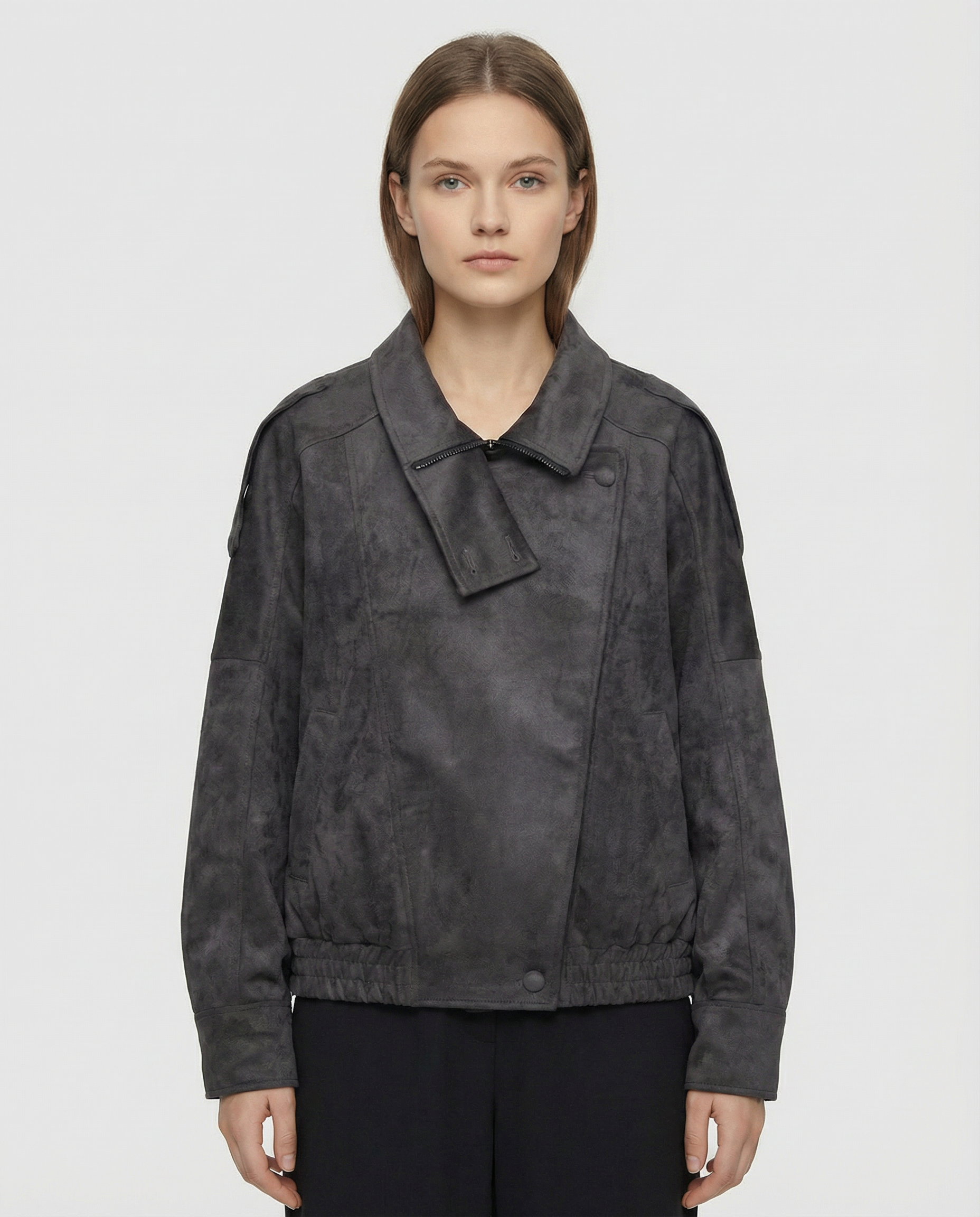 Women’s Oversized Faux Suede Jacket with Asymmetrical Collar and Modern Utility Silhouette