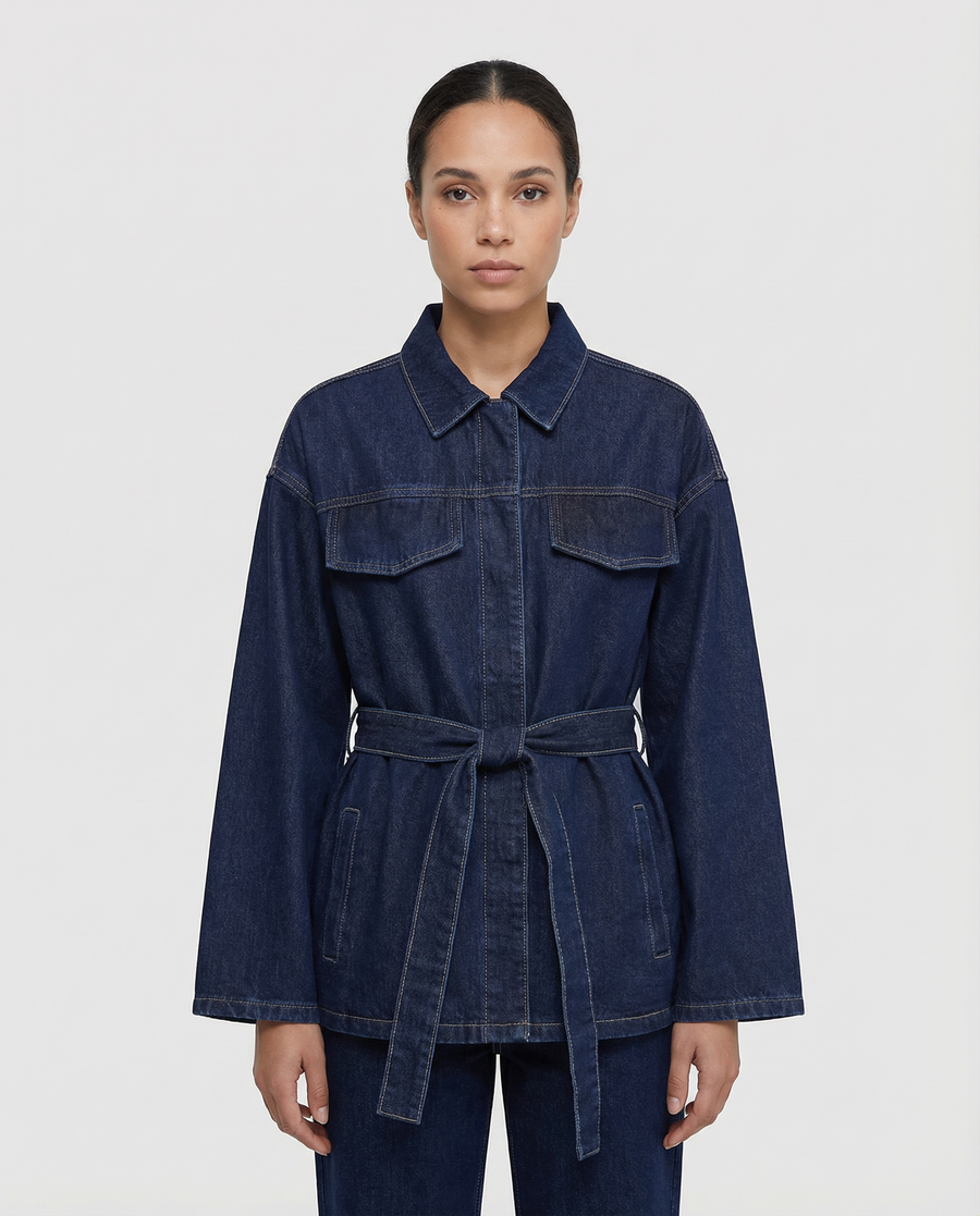 Women’s Belted Denim Utility Jacket with Structured Collar and Relaxed Fit
